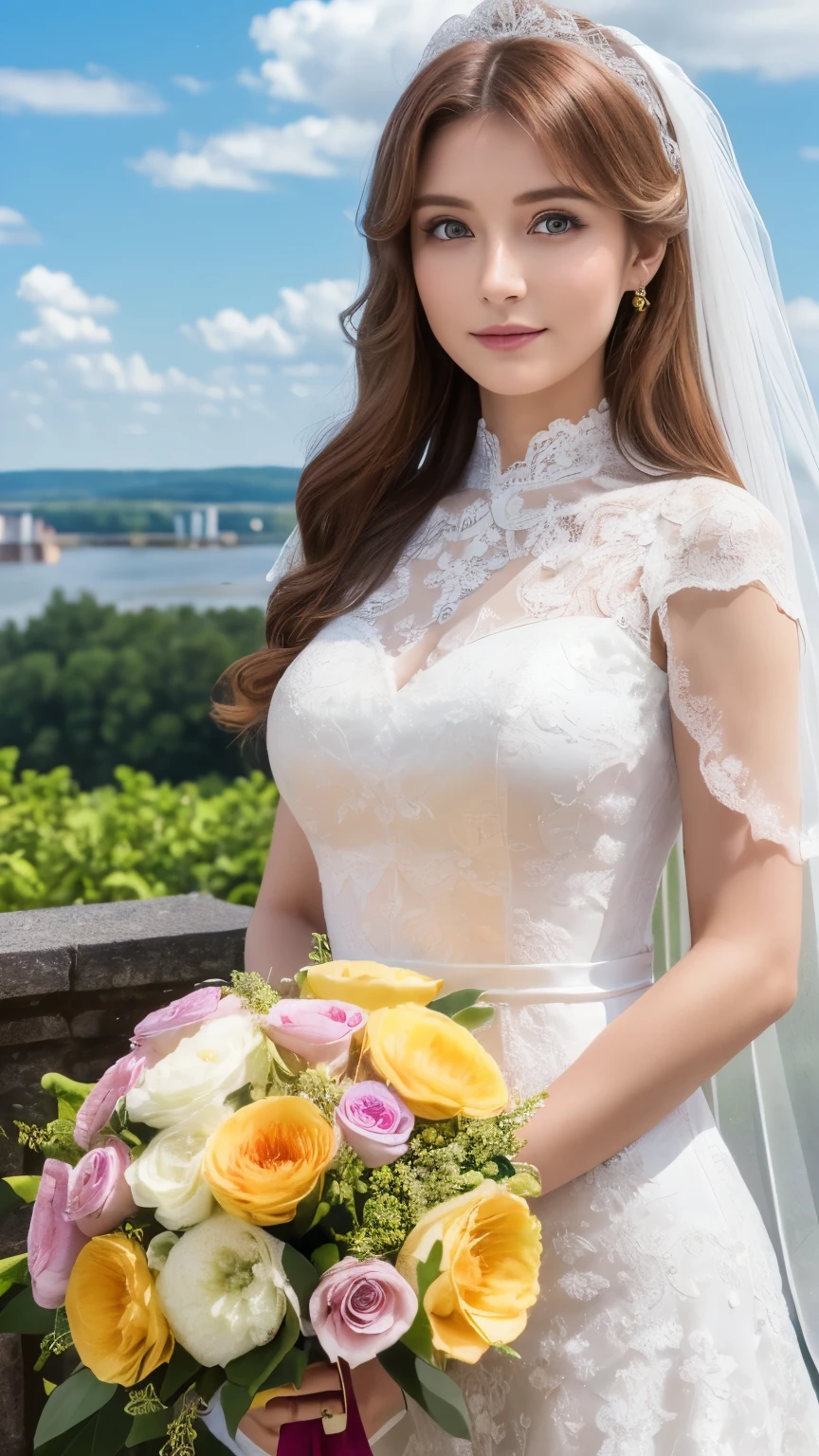 ((highest quality、Tabletop、8k、Best image quality、SFW))、(Bright and vivid:1.3)、(1 photo:1.3)、((Lithuaniaの美しさ、The most gorgeous wedding dresses、Wedding Bouquet、Wedding Lace、perfect Wedding Lace、Perfect Bride、Lithuania人の花嫁、Lithuanian face、Lithuanian hair color、Lithuanian skin color))、(World tourist destination of Lithuania on the background、Lithuania&#39;world heritage:1.3)、Cowboy Shot、The best smile you ever had when you saw me、Perfect Anatomy、Perfect Fingers、Perfect hands