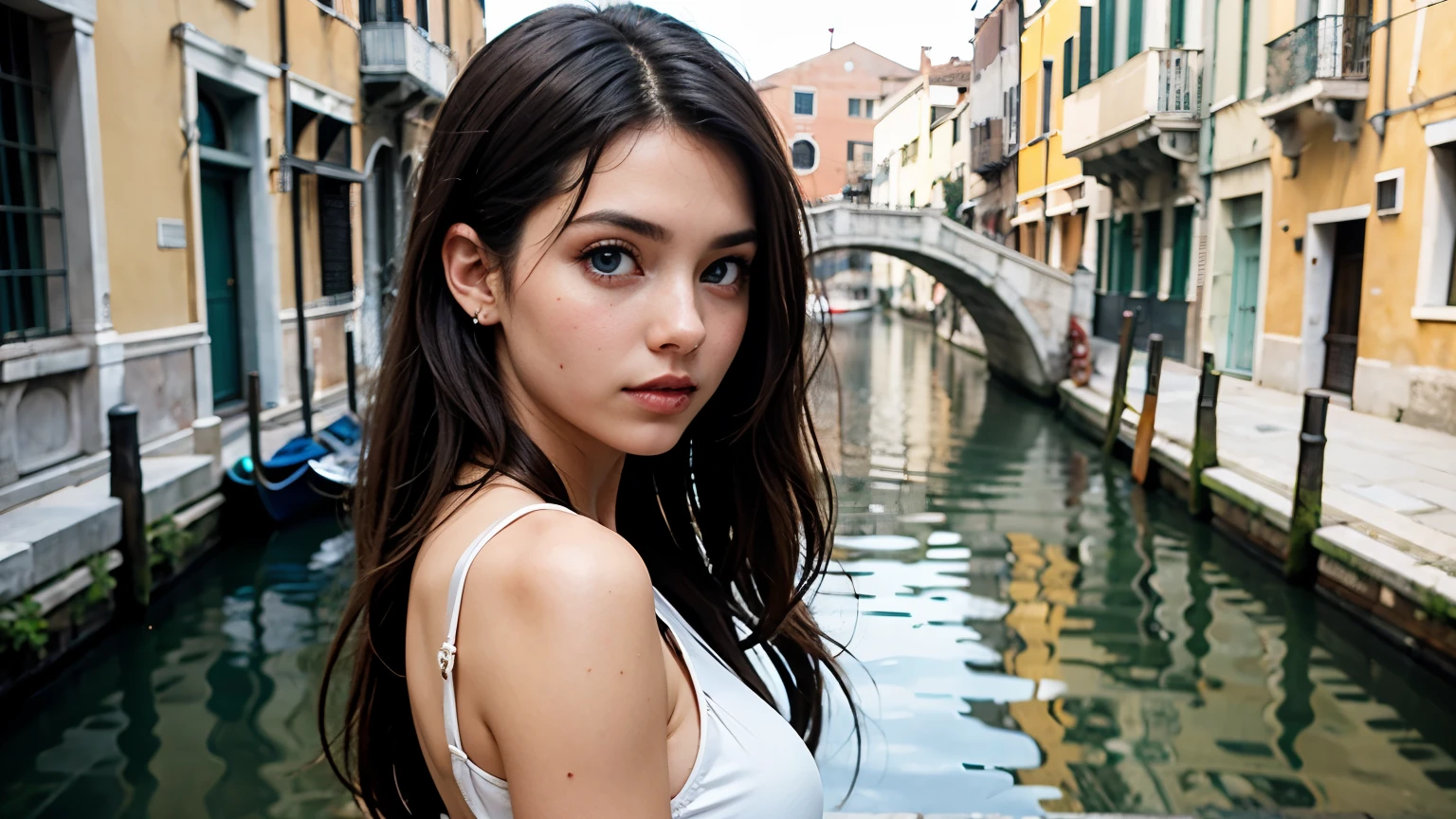 35mm film, solo, updo, makeup, blue eyes, small tits, (white dress), green skirt, looking at viewer, epiCPhoto,focus on face, close to viewer, intricate lines, canals, bridges, venice, sharp magnificent details, delicate features, elaborate details, beautiful girl, black hair, (long hair) eighteen years old woman, ((upper body)) (Acne), ((natural lighting))