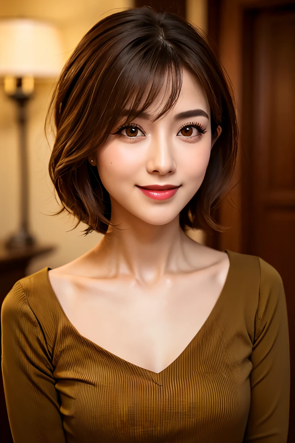 highest quality. Tabletop, 8k, Best image quality, One Woman, Perfect V-neck long knit red sweater, Waist up upper body shot, (Look forward), Red eyeshadow, Perfect Makeup, Long eyelashes, Ultra HD Shining Eyes, Ultra HD Hair, Ultra High Resolution Glossy Lips, Ultra HD cute face, Brown Hair, Very short straight hair, Look at me and smile, clavicle, Accurate anatomy, Face close-up, Luxury Love Hotel, The most atmospheric and warm lighting, Blurred Background, (View your viewers)