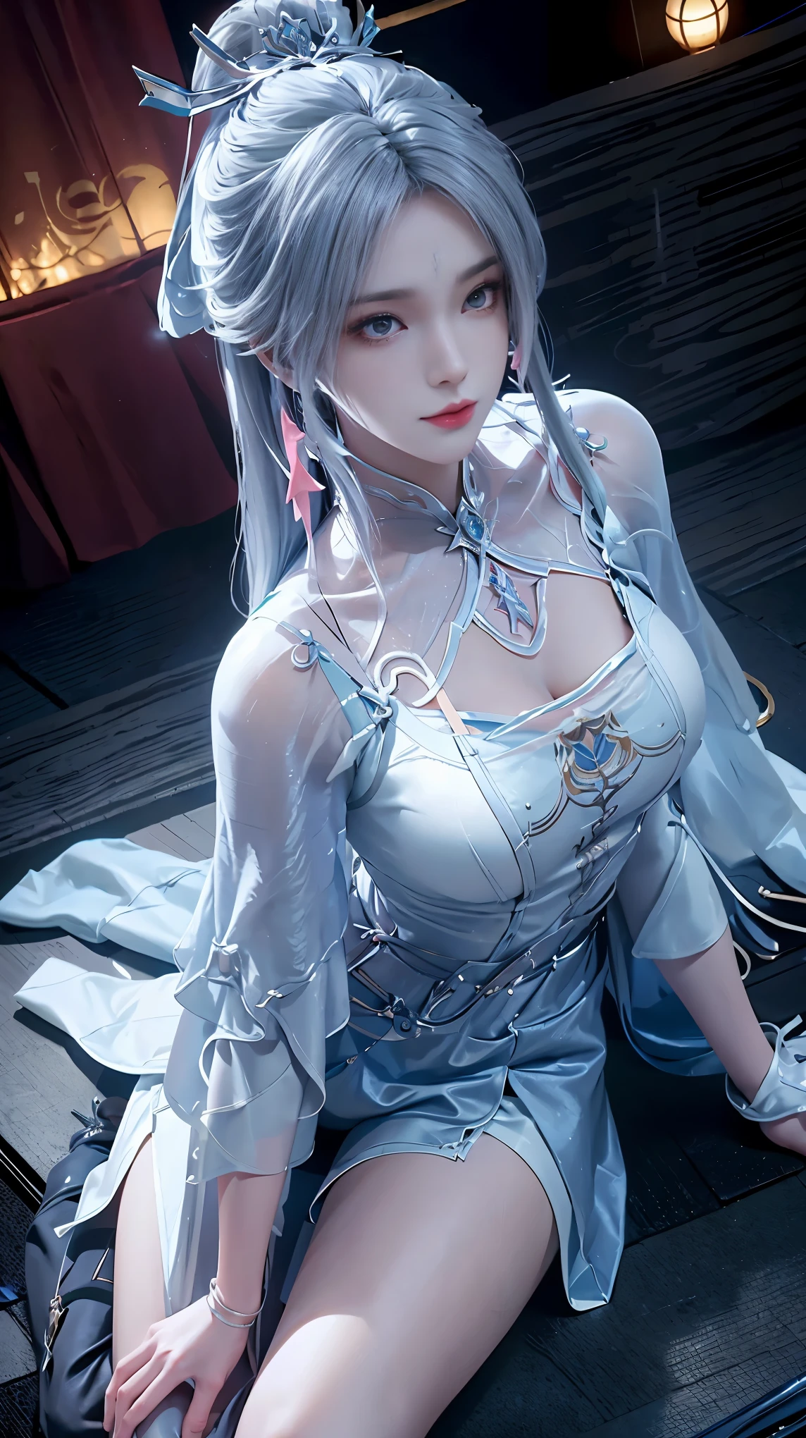 a white hair、Close-up of miss wearing white mask, Beautiful character painting, guweiz, Gurwitz-style artwork, White-haired god, author：Yang Jie, Epic and beautiful character art, Stunning character art, author：Fan Qi, by Wuzhun Shifan, pixiv Art Street Guviz, Single ponytail, insult, High Ponytail, Tall and big, Long legs, (sleeveless lace shirt), (shorts), (Striped )), ((Striped )), Walk, elegant, dignified, miss, Beautiful curves, sweet smile, Strong sense of detail and layering, color丰富绚丽, Has a unique texture, rich and colorful, color, vivid, Design Art, 16K, Super detailed, {{illustration}}, {Extremely refined}, {Exquisite surface treatment}, Super detailed, Delicate and shining eyes, {{Light}}, 极致Light效果, Model: realism, CFG size: 12, Laura: Bright texture (1.35), high quality, masterpiece, Exquisite facial features, Delicate hair depiction, Detailed depiction of the eyes, masterpiece, best quality, Light線追蹤, Extremely detailed CG unified 8k wallpaper, masterpiece, best quality, (1 girl), 完美miss身材, (((tight white t shirt))), beautiful eyes, (Delicate face), Black short hair, Tie your hair up, Light blue hairpin, Black silk frame glasses, in class, (White skin), (Optimal Lighting), (Super intricate details), 4k unity, (Super detailed CG), Showing off her white legs, , Hot Pants, shorts,性感Long legs, Thin waist, Sweat is running down my waist, Showing belly, Extremely detailed depiction, Pink Hair, Asymmetrical bangs, Transparent clothes, Hands on thighs, 把目Light移開, 8k resolution, Raise an eyebrow, shiny hair, Flower head, Wristbands, bandage，Leather sexy pose, simple grey background, Climbing towards the audience, kitten pose, On all fours,