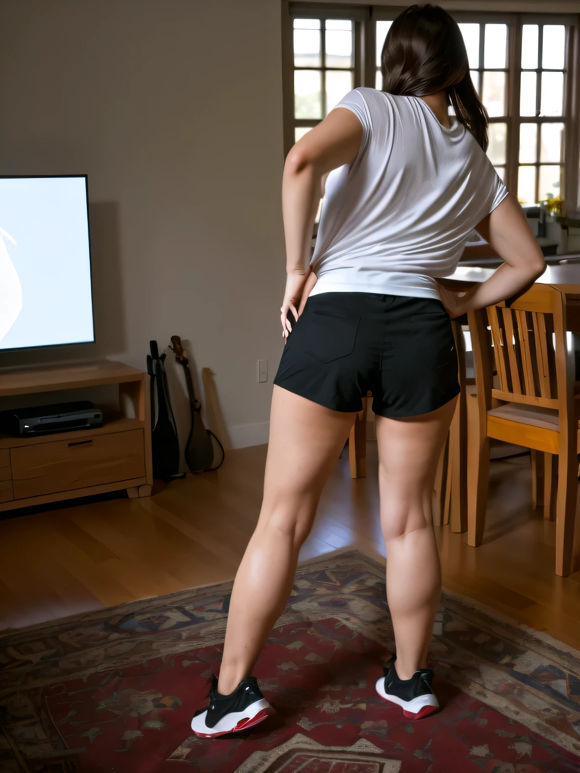 there is a woman standing in a living room playing video games, shot from the back, shot from the back, long kick from behind, long kick from behind, back and standing, back pose, rear shot, leg and hip shot, shot from the back, back shot, back, full body centered, rear shot, legs and arms, rear view!!
She is wearing a white t-shirt and black shorts, tight and short shorts.
She is a beautiful woman, with white skin and dark brown hair. She is about 45 years old, 165 cm tall and weighs 56 kg. She has a perfect mouth, medium breasts, a perfect face. Her body exudes glamor and her face is a definition of beauty. Slender body, thin waist. Highly realistic, hyperrealism, very elaborate skin, perfect face. Clear photo, high resolution, high quality, masterpiece, 16K photo, high contrast, masterpiece, NUDE, NUDITY, NFSW.