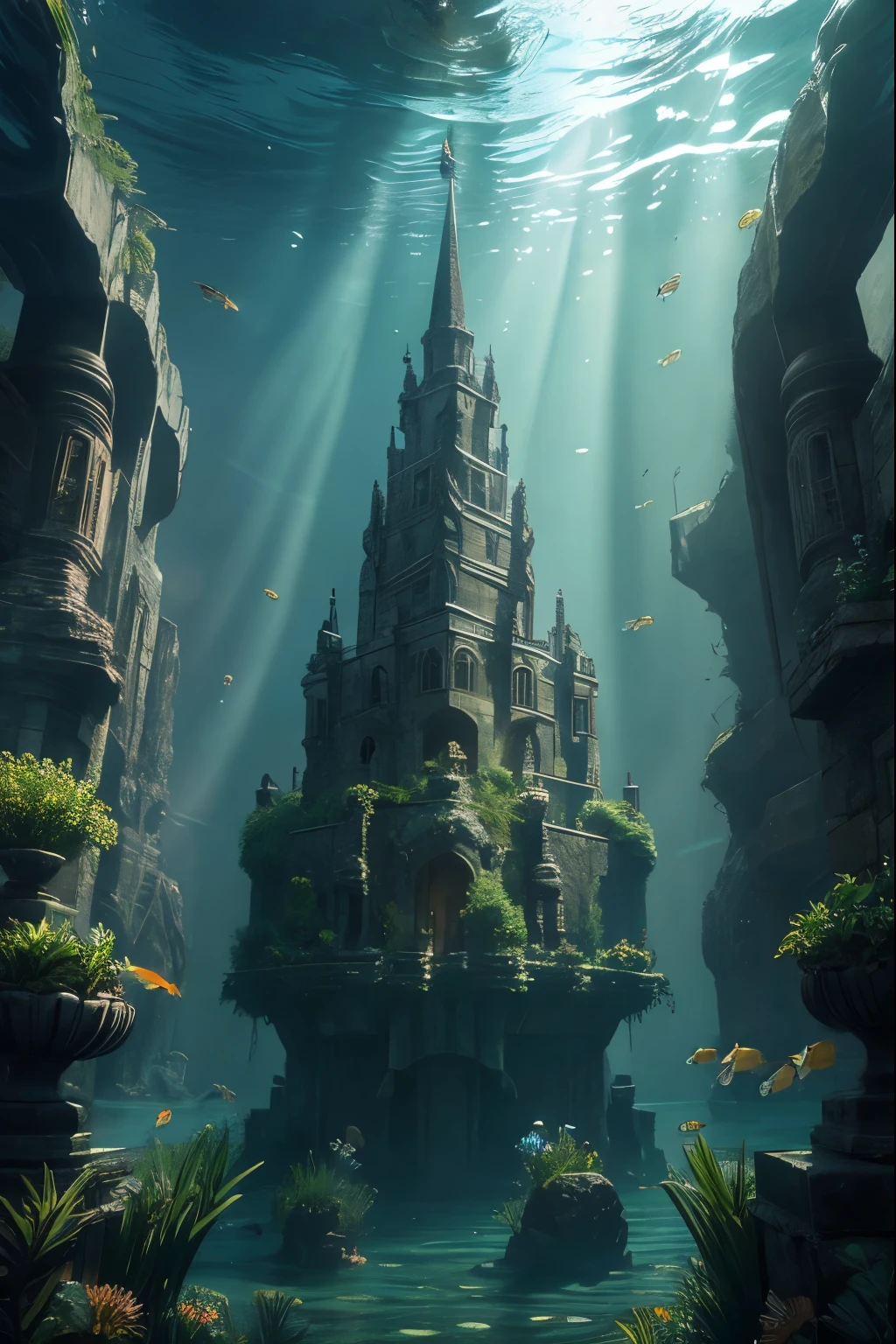 atlantis,(castle,fish,stone_giant,tree,ruins,partially underwater shot):1.5,no_humans,two tone lighting,sunshine,
masterpiece,best quality,unreal engine 5 rendering,movie light,movie lens,movie special effects,detailed details,HDR,UHD,8K,CG wallpaper,