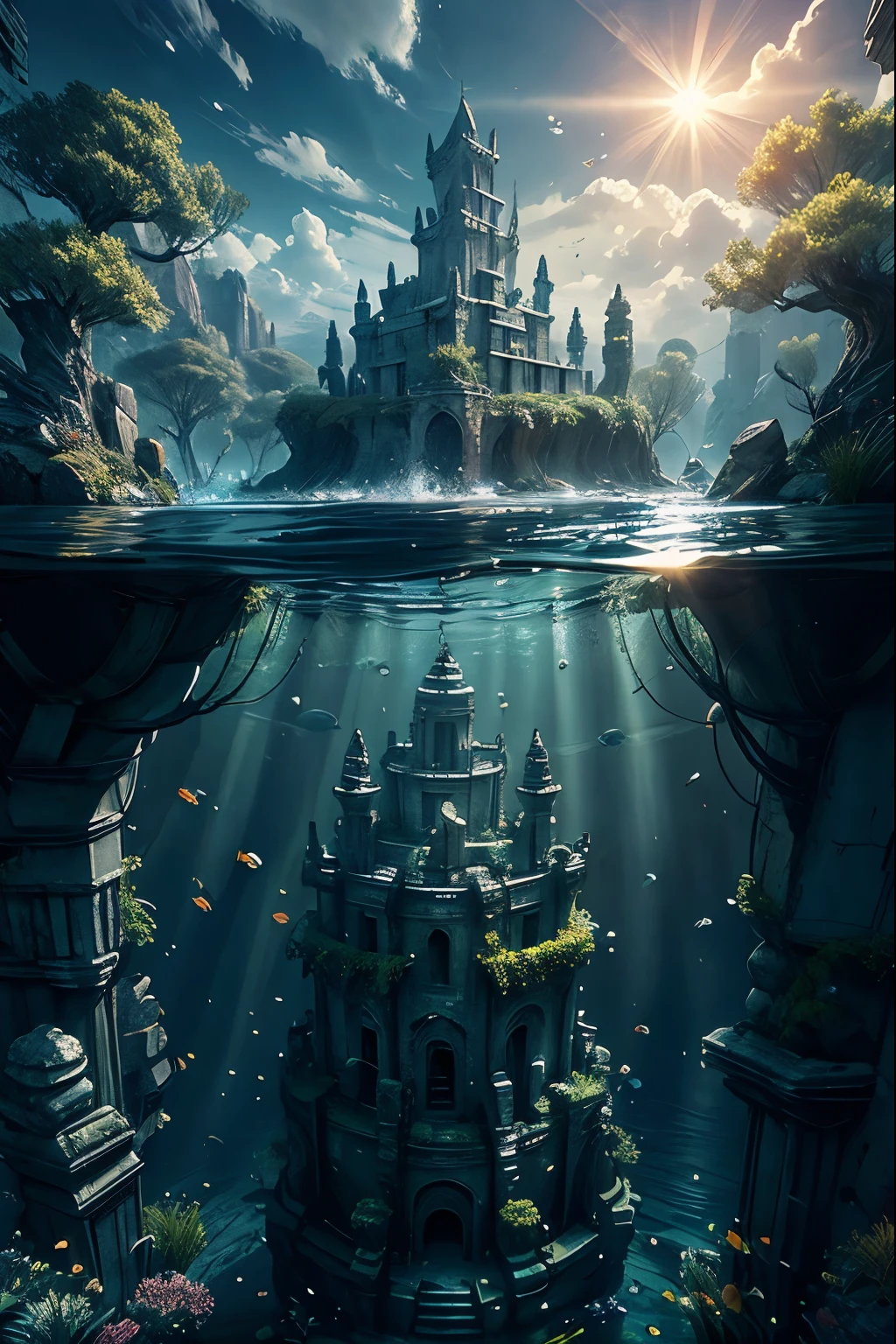 atlantis,(castle,fish,stone_giant,tree,ruins,partially underwater shot):1.5,no_humans,two tone lighting,sunshine,
masterpiece,best quality,unreal engine 5 rendering,movie light,movie lens,movie special effects,detailed details,HDR,UHD,8K,CG wallpaper,