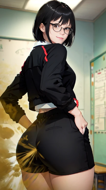 ((velocity)),Attacked by farts, (((Women farting))),(girl farting while stand)),smiled,velocity,(a female sports teacher),(wearing a short pants and a sport jacket),(wear glasses),(view from behind) (short hair black hair),(Asian woman),(school hall),(masterpiece:1.2、top-quality)、(the Extremely Detailed CG Unity 8K Wallpapers、ultra-detailliert、Best Shadows)、(Detailed background)、(The best lighting、extremely delicate and beautiful)、depth of fields、1girl in、report、upward looking gaze、