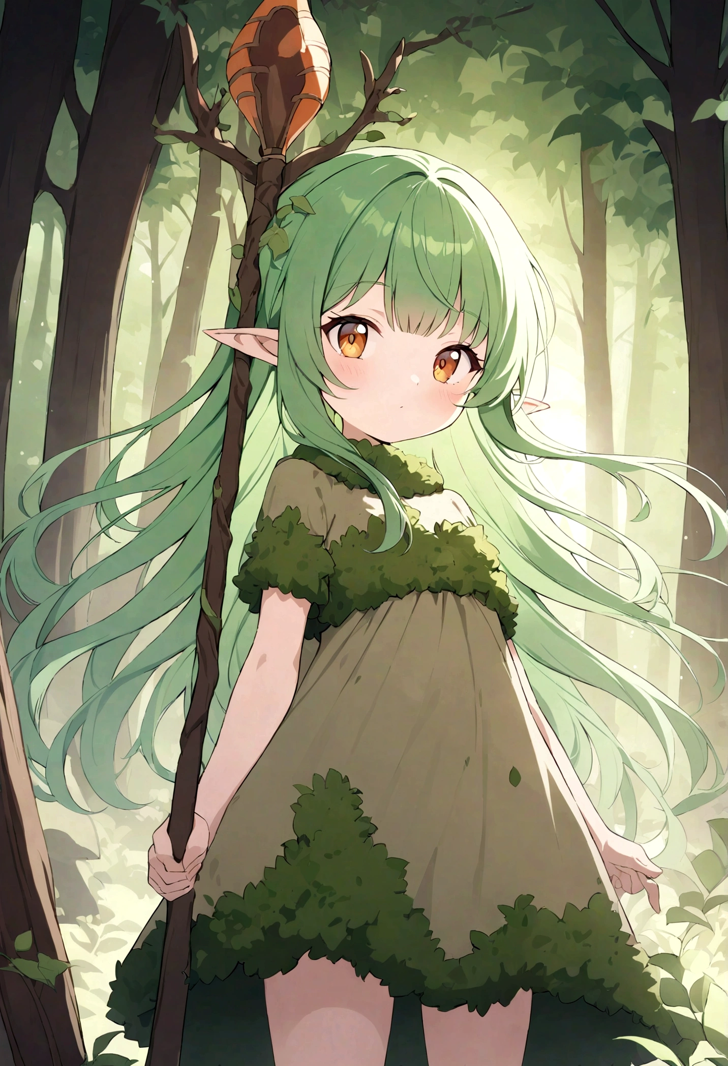 an elf woman, green hair, amber eyes, dressed in plant and moss clothing, a simple staff, forest setting