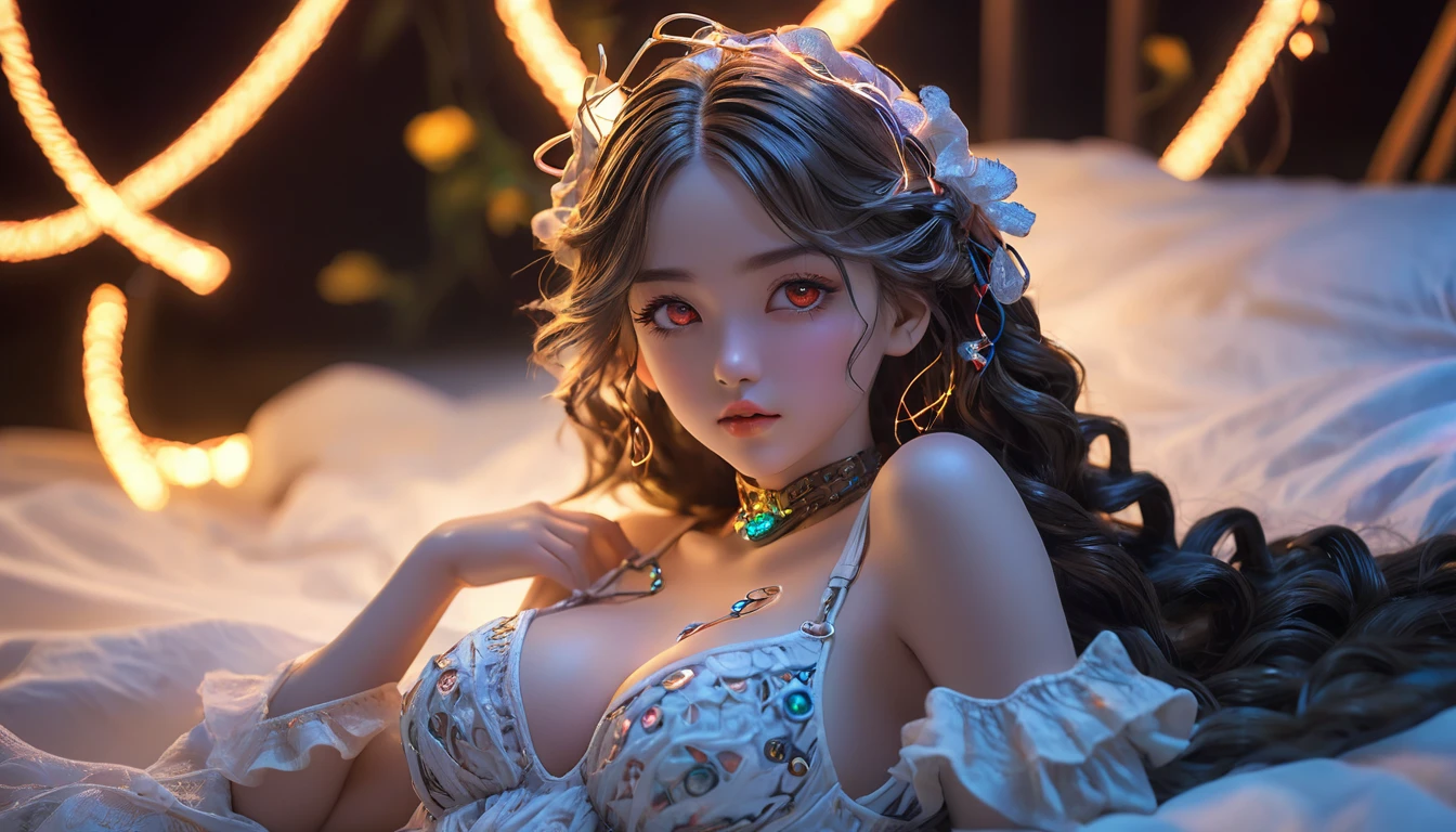 best quality, Super No, Reality, photo of a beautiful woman, Delicate face, Black messy fishtail braid, (Delicate porcelain doll,Elaborate clothing with lots of ruffles and ribbons), beach, (Close-up of face), Attractive appearance, Watch the audience in 4K Ultra HD, masterpiece, High Detail, A girl, Cute face, delicate eyes, long hair, Detailed lips, Full breasts, Lights on clothes, Cyberpunk dress, Neon burning on dress, Neon Breasts, Bare waist, Current Effect, Wires connected to the body，lights on, Wires connected to the head, Wires connected in hand, Wire on breast, 身上的机械lights on, The body is burned by the light, Lights on hair, Magical light effects on the body, Halo effect, Glow effect, Direct - x 2.0 Visuals, High Graphics Night Light, Diffuse Light, Light Reflection, Light Reflection on road, Red lights are everywhere, Neon, Full body capture,16k ultra-fine CG wallpaper, masterpiece, Excellent image quality, Ultra-delicate), (Excellent lighting, Delicate and beautiful), Really smooth skin, Bright face, 18K close-up perfect display, Change, Lovely, Girl wearing delicate hollow shirt and underwear, Lying on the big white bed, Colorful jewel-like eyes.Posture，Full breasts，Golden ratio figure，Perfect body， Ancient mysterious figure, mystical atlantean valkyrie, Mysterious Valkyrie,