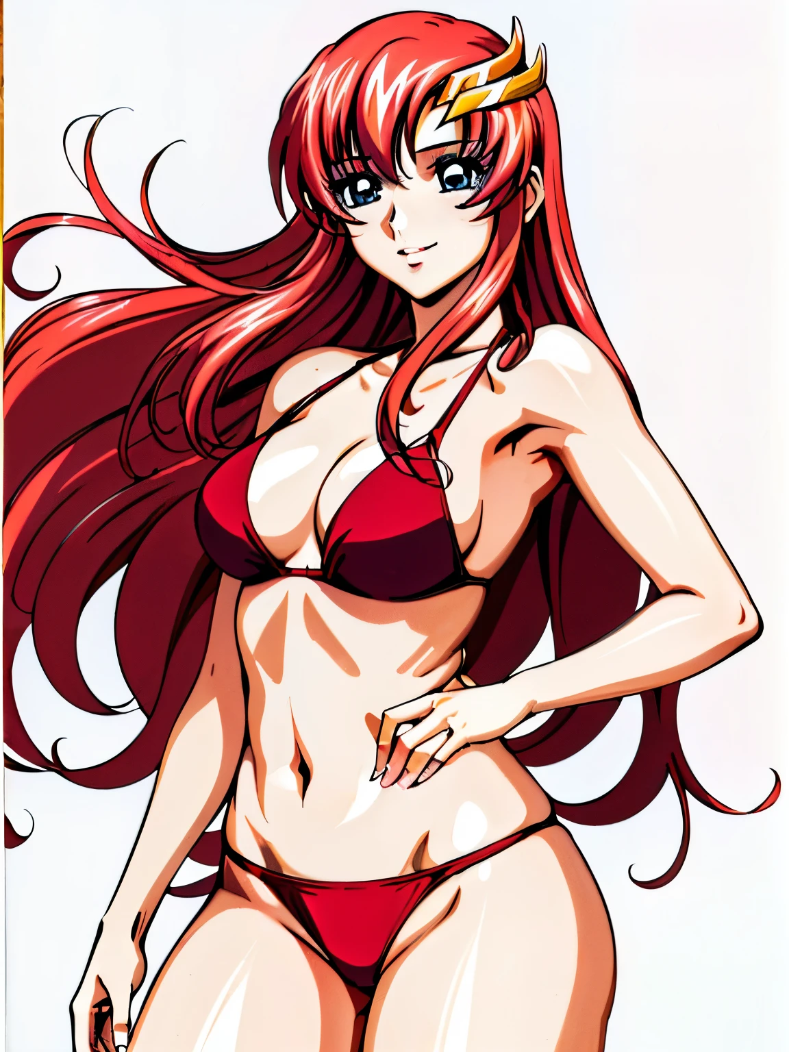 lacus4, (red bikini, running, thong, thin girl, masterpiece, cowboy shot, very slim shoulders, 4K, Best Quality, Anime style: 1.9, happy, Adult Woman, (ultra detailed head), (Drawing lines, high resolution, lacus4), 1girl, Solo, curvy figure, Long hair, clavicle, scapular, (Detailed wide hair bangs, Hair Ornament, Detailed reddish-pink hair, shiny streaks, slim arms, detailed golden crest), cleavage, large hands, (hair cover shoulders). (Big blue eyes, shiny eyes), ((female wrestler, (slim body), slim arms, hands on cheeks, thighs)), ((perfect proportions, medium-small breasts, medium thighs, long belly)), ((totally red bikini)), smile with a wink, (standing, hot colors), detailed fingers, (bare shoulders), (background: simple white background only)