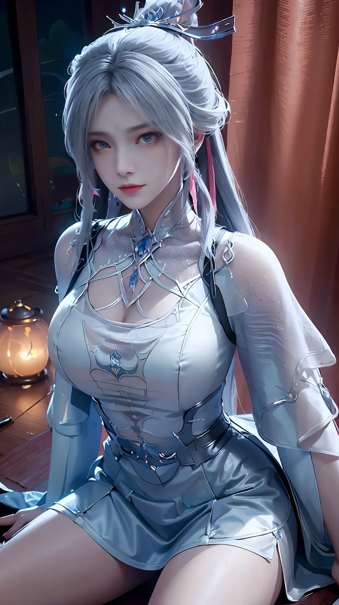 a white hair、Close-up of miss wearing white mask, Beautiful character painting, guweiz, Gurwitz-style artwork, White-haired god, author：Yang Jie, Epic and beautiful character art, Stunning character art, author：Fan Qi, by Wuzhun Shifan, pixiv Art Street Guviz, Single ponytail, insult, High Ponytail, Tall and big, Long legs, (sleeveless lace shirt), (shorts), (Striped )), ((Striped )), Walk, elegant, dignified, miss, Beautiful curves, sweet smile, Strong sense of detail and layering, color丰富绚丽, Has a unique texture, rich and colorful, color, vivid, Design Art, 16K, Super detailed, {{illustration}}, {Extremely refined}, {Exquisite surface treatment}, Super detailed, Delicate and shining eyes, {{Light}}, 极致Light效果, Model: realism, CFG size: 12, Laura: Bright texture (1.35), high quality, masterpiece, Exquisite facial features, Delicate hair depiction, Detailed depiction of the eyes, masterpiece, best quality, Light線追蹤, Extremely detailed CG unified 8k wallpaper, masterpiece, best quality, (1 girl), 完美miss身材, (((tight white t shirt))), beautiful eyes, (Delicate face), Black short hair, Tie your hair up, Light blue hairpin, Black silk frame glasses, in class, (White skin), (Optimal Lighting), (Super intricate details), 4k unity, (Super detailed CG), Showing off her white legs, , Hot Pants, shorts,性感Long legs, Thin waist, Sweat is running down my waist, Showing belly, Extremely detailed depiction, Pink Hair, Asymmetrical bangs, Transparent clothes, Hands on thighs, 把目Light移開, 8k resolution, Raise an eyebrow, shiny hair, Flower head, Wristbands, bandage，Leather sexy pose, simple grey background, Climbing towards the audience, kitten pose, On all fours,