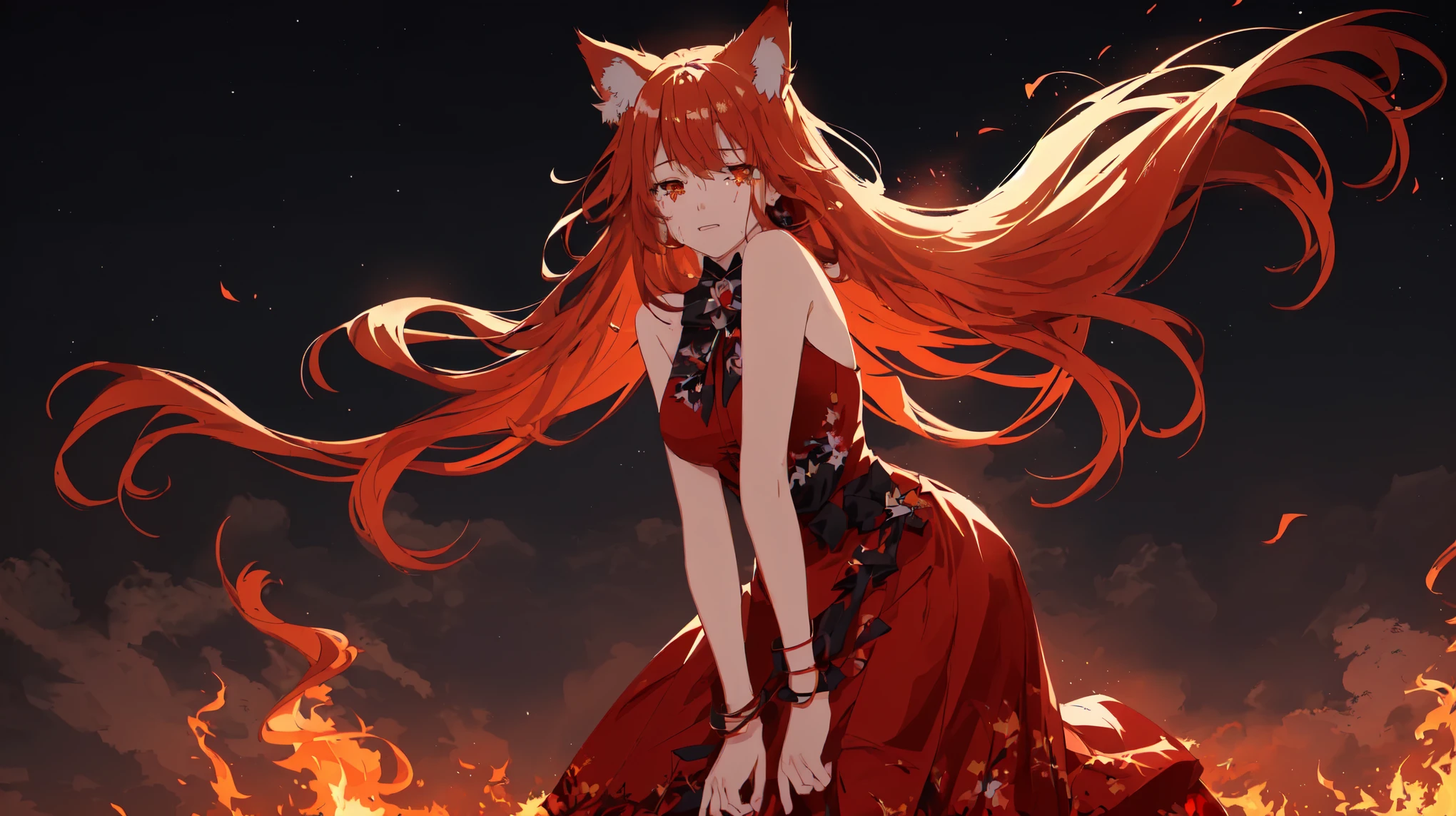 anime girl in red dress with long hair standing in front of fire, trending on artstation pixiv, Holo - wolf girl, Cool anime 8K, now, if the girl is a wolf, anime style 4k, beautiful fox lady, flames surround her, beautiful anime cat girl, fox and bush, fire!! whole body, from arknights, The girl is crying, girl in despair