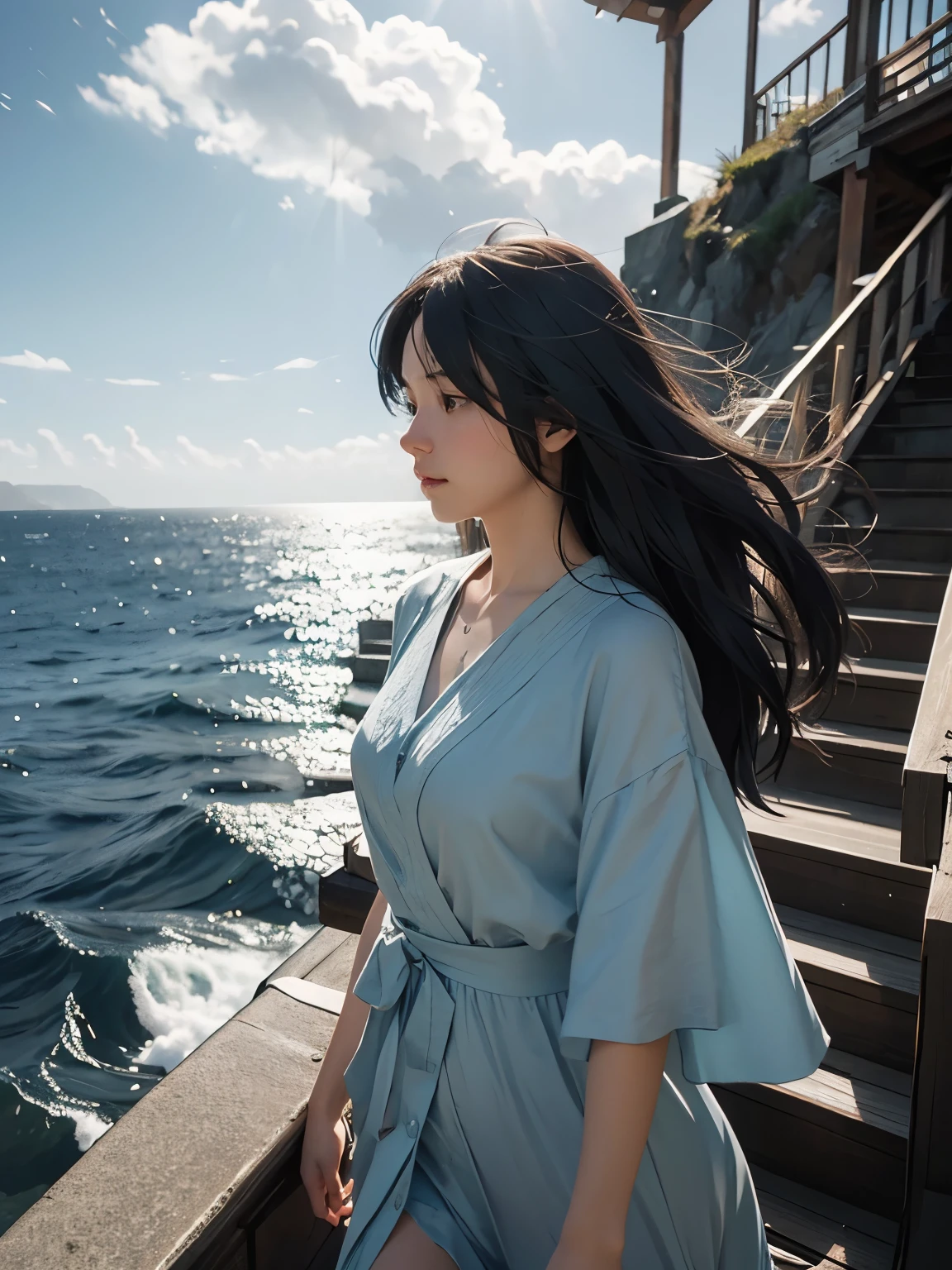 a young girl walking up stairs towards the sea, blue ocean, by makoto shinkai, studio ghibli style, beautiful anime scene, highly detailed, 8k, photorealistic, cinematic lighting, warm color palette, dramatic composition, serene atmosphere, emotional expression, flowing hair, detailed clothing, realistic water, detailed background, mist, dramatic sky, vibrant colors, realistic rendering, professional quality