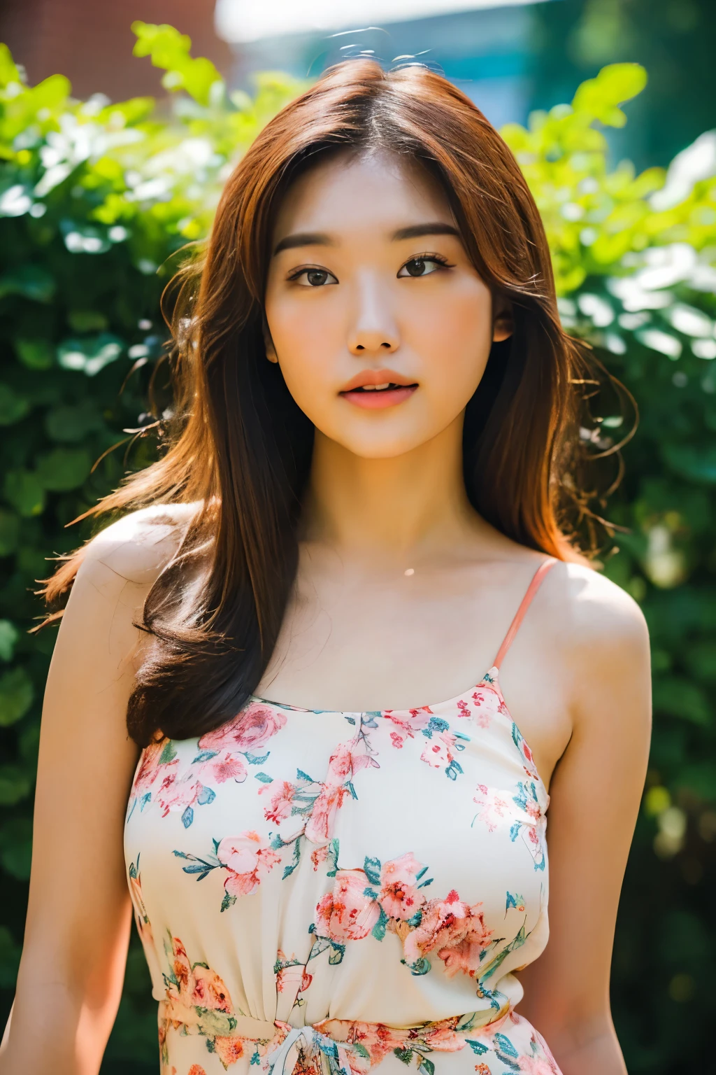 20 years old woman, nude , at park, (light blue floral dress), RAW photo, (photorealistic:1.37, realistic), highly detailed CG unified 8K wallpapers, 1girl, (medium hair:1.4) (thick body:1.4) , looking at viewer, (((straight from front))), (HQ skin:1.2, shiny skin), 8k uhd, dslr, soft lighting, high quality, film grain, Fujifilm XT3, ((dynamic pose:1.2)) ((upperl body:1.6)) (professional lighting:1.6) ,  livyrenata