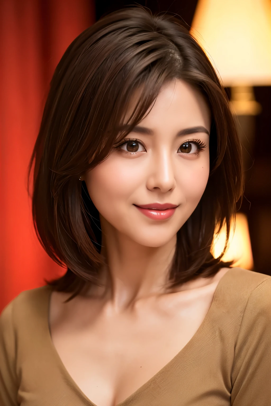highest quality. Tabletop, 8k, Best image quality, One Woman, Perfect V-neck long knit red sweater, Waist up upper body shot, (Look forward), Red eyeshadow, Perfect Makeup, Long eyelashes, Ultra HD Shining Eyes, Ultra HD Hair, Ultra High Resolution Glossy Lips, Ultra HD cute face, Brown Hair, Very short straight hair, Look at me and smile, clavicle, Accurate anatomy, Face close-up, Luxury Love Hotel, The most atmospheric and warm lighting, Blurred Background, (View your viewers)