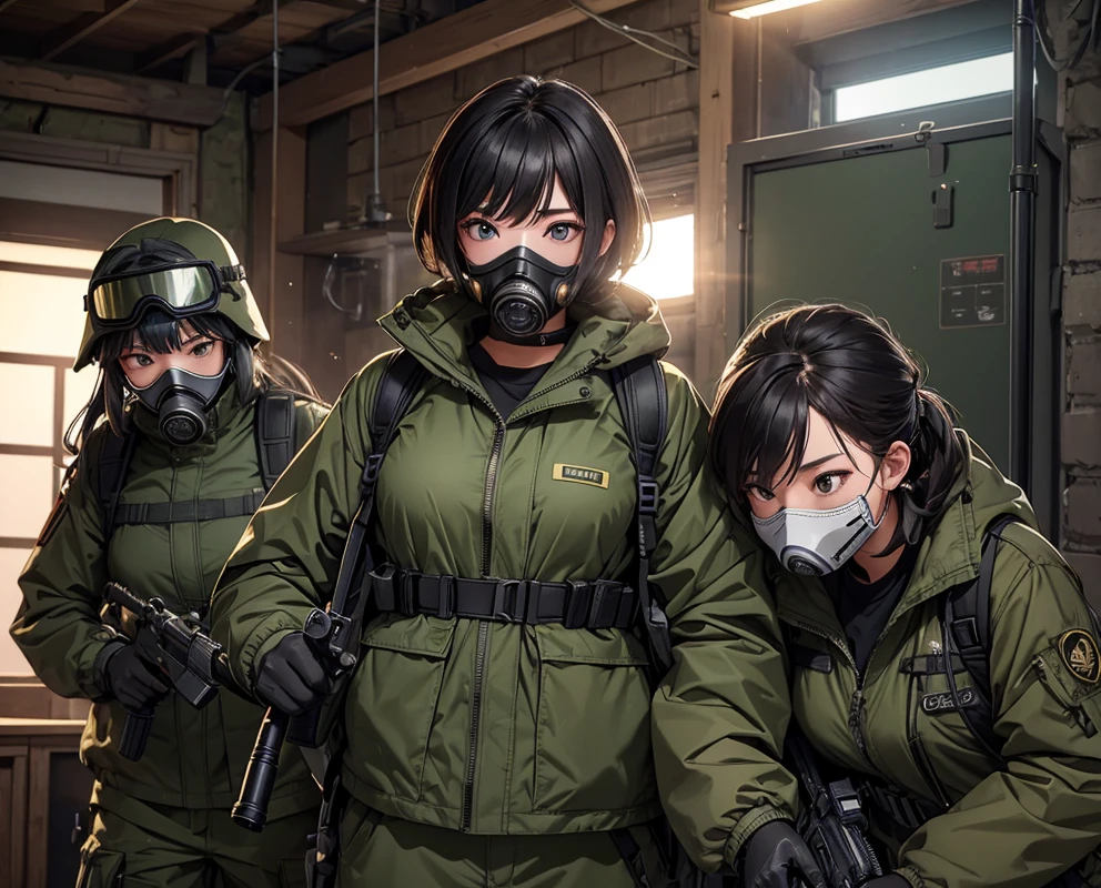 Three female soldiers、Gas Mask、Goggles、M-51 Military Windbreaker、Individual equipment set、Fight with a gun、Write details、masterpiece、best quality、Highly detailed CG、8K picture quality、theater lighting、lens flare