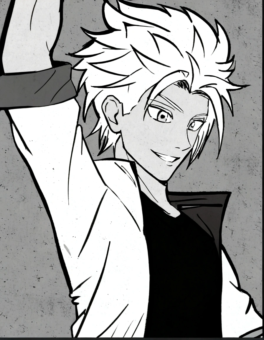 male boy, white hair, smile, arm raised, white jacket open, manga style