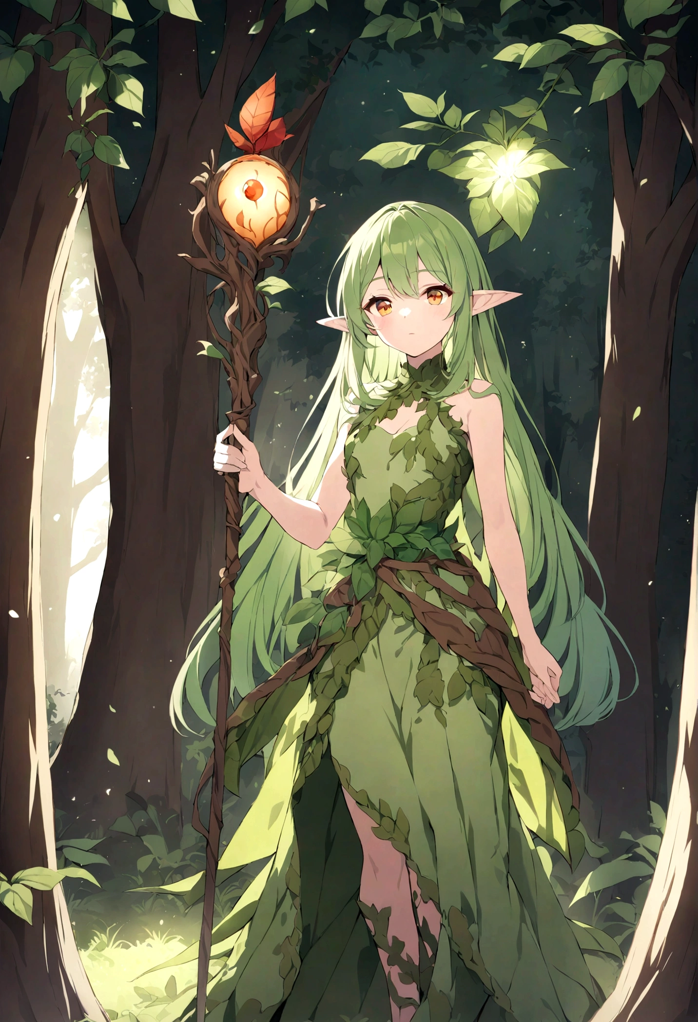 an elf woman, 26 years, green hair, amber eyes, dressed in plant and moss clothing, a simple staff, forest setting