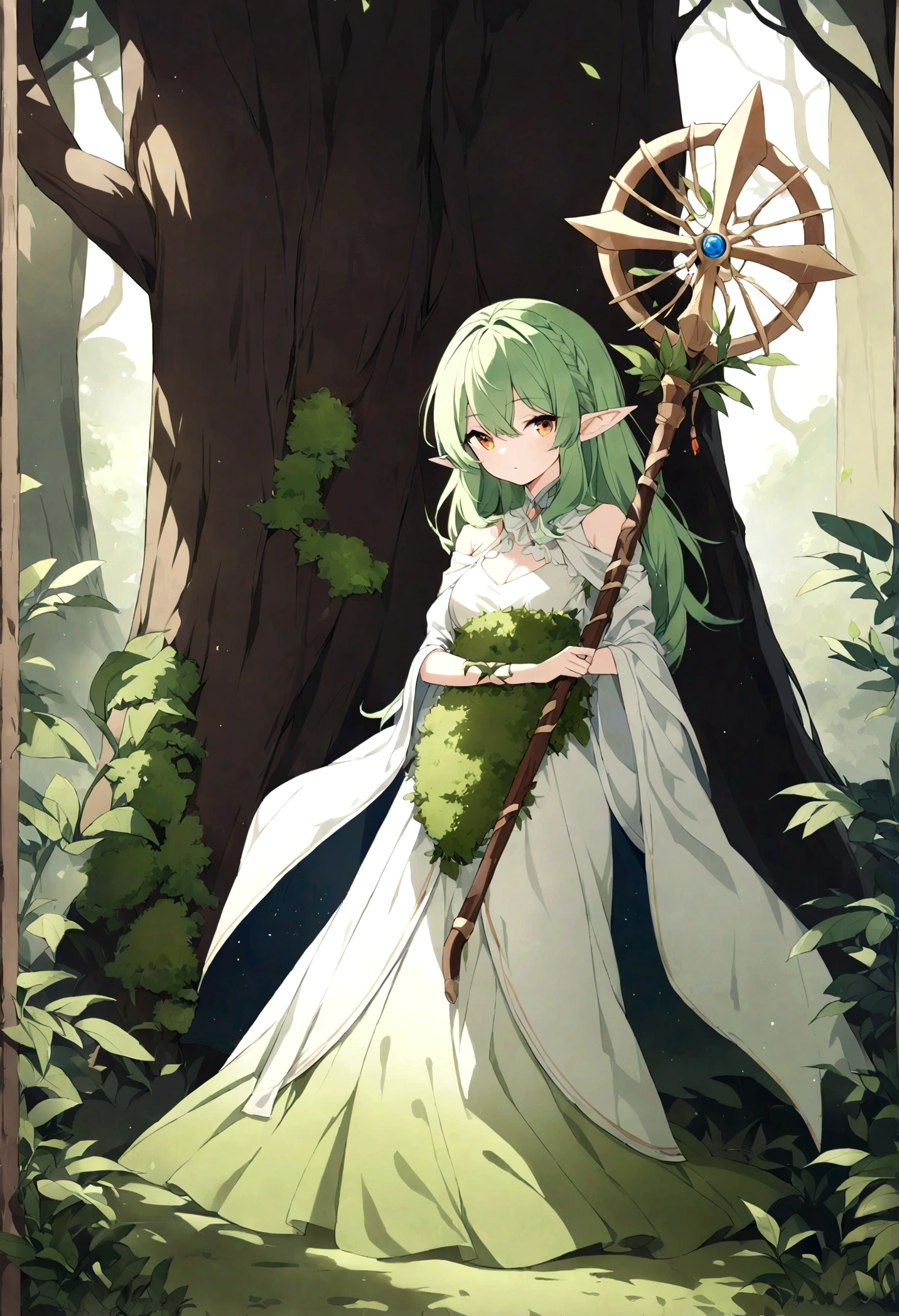 an elf woman, 26 years, green hair, amber eyes, dressed in plant and moss clothing, a simple staff, forest setting