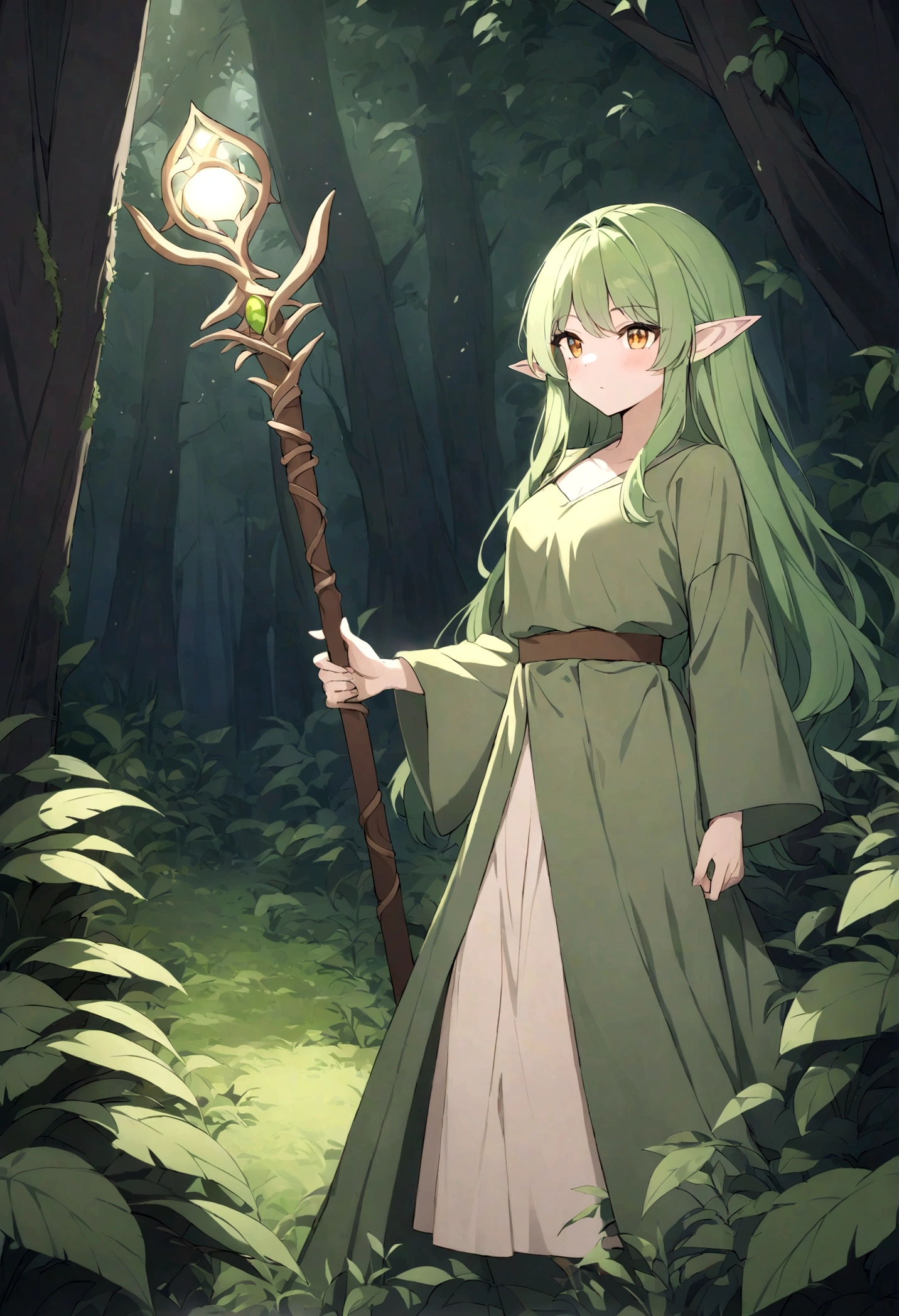 an elf woman, 26 years, green hair, amber eyes, dressed in plant and moss clothing, a simple staff, forest setting