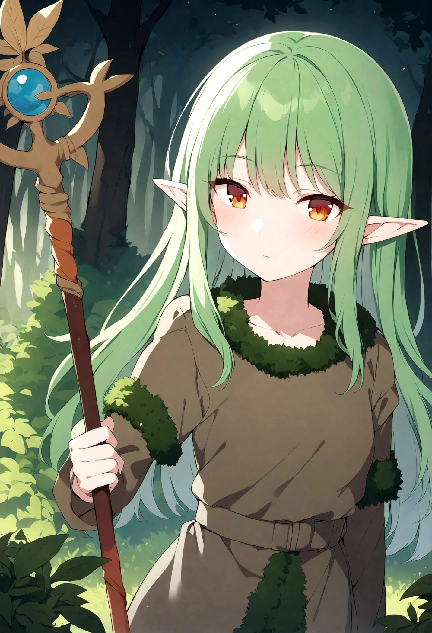 an elf woman, 26 years, green hair, amber eyes, dressed in plant and moss clothing, a simple staff, forest setting