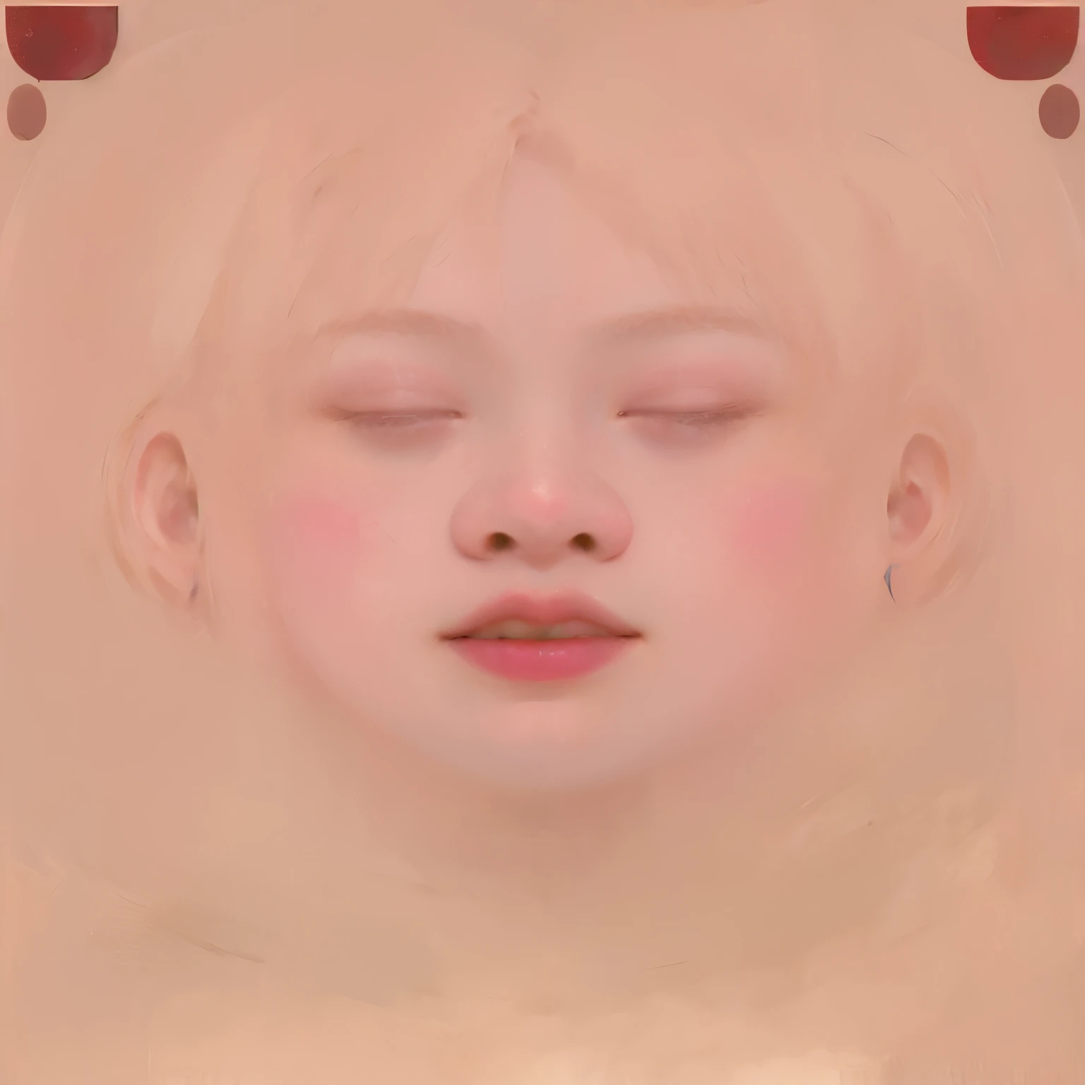 Closed eyes on pink background,closes mouth、pale round face,Facial symmetry, Symmetrical face, Close up portrait of woman with pink lips and white top, beautiful aesthetic face, popular south korean makeup, Popular Korean Makeup, wan adorable korean face, Young adorable Korean face, with cute doting eyes, korean face features, clear cute face, clear lips and high quality, cute-fine-face, cute - fine - face, beautiful realistic face