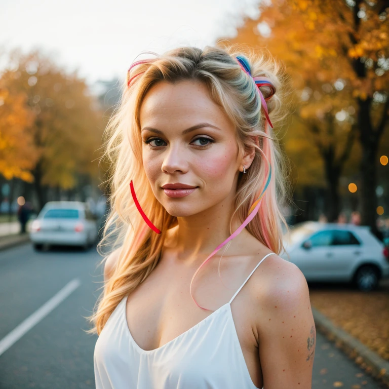 (8k, best quality, masterpiece:1.2),(best quality:1.0), (ultra highres:1.0), pencil colors, Pamela Anderson, shoulder, hair ribbons, by agnes cecile, full body photography, extremely luminous bright design, pastel colors, (ink:1.3), autumn lights