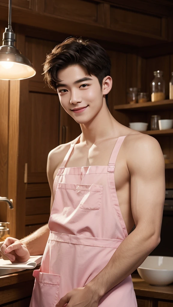 A cute young man, shirtless, wearing a pink apron, detailed face and eyes, long eyelashes, beautiful smile, cinematic lighting, photorealistic, intricate details, high quality, digital art, masterpiece