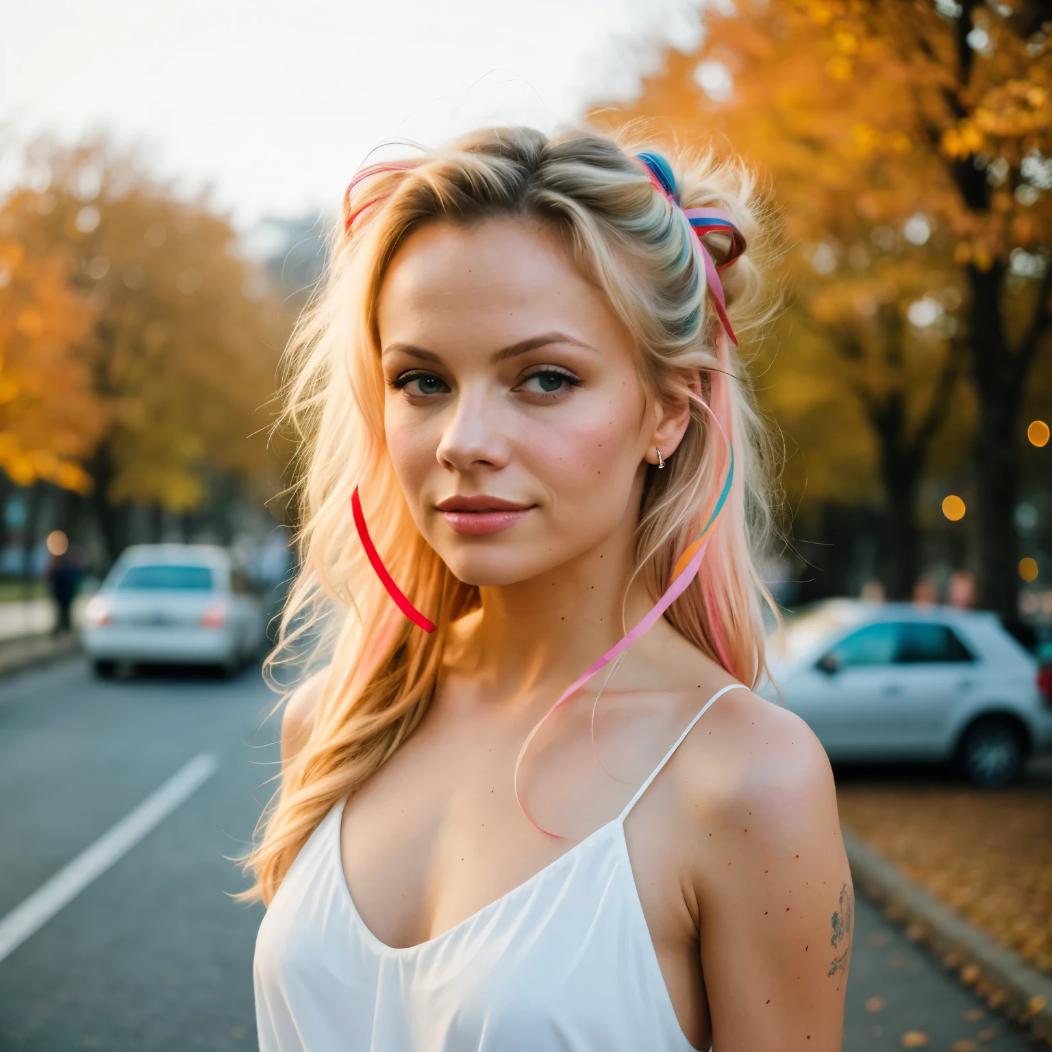 (8k, best quality, masterpiece:1.2),(best quality:1.0), (ultra highres:1.0), pencil colors, Pamela Anderson, shoulder, hair ribbons, by agnes cecile, full body photography, extremely luminous bright design, pastel colors, (ink:1.3), autumn lights