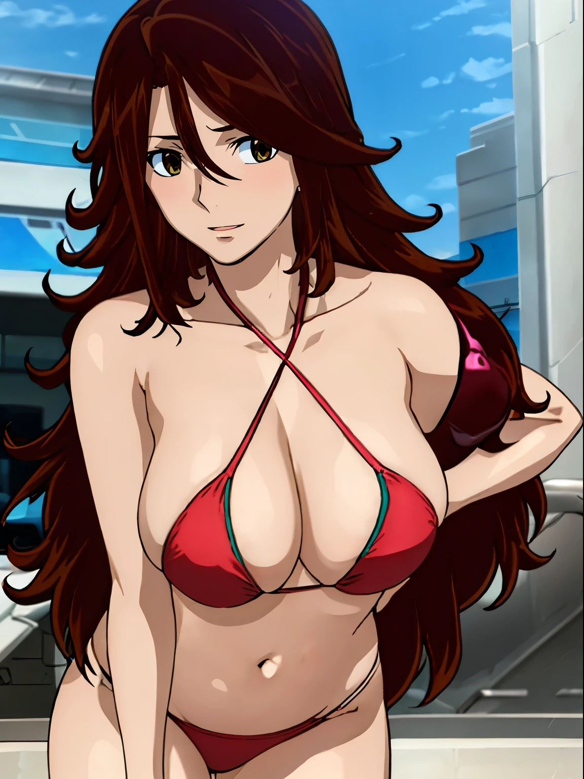 1girl, blunt bangs, very happy, smile, very high resolution, very high quality, cowboy shot, red bikini top, (brown hair:1.2), very long hair, looking at viewer, smile, highly detailed background, (photo realistic:1.2), very detailed eyes, red eyeshadow, depth of field, thighs, (solo:1.2), (cyberpunk city:1.1), cleavage, (finger on lips:1.1),Shiny skin, standing, very big round breasts, defined breasts, armpit line, little biceps, pale skin
