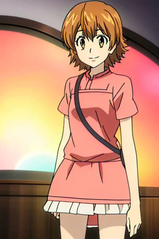 1girl princess outfit, loong skirt, pink dress, in a palace,
Castle, short sleeves, with a crown on his head, room, smiling, short hair, brown hair, gold eyes,