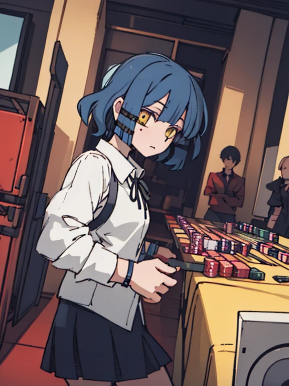 best quality, masterpiece, high resolution, alone, {Yamada_that_Boch Thurrock:1.15}, blue_hair, short_hair, forehead, mole_Exist下面_eye, mole, yellow_eyes, hair_decoration, closure_mouth, hairclip, 1 girl, Black color_ribbon, Collar attachment_shirt, neck_ribbon, ribbon, shirt, White_shirt, watching_Exist_audience, Poker Face