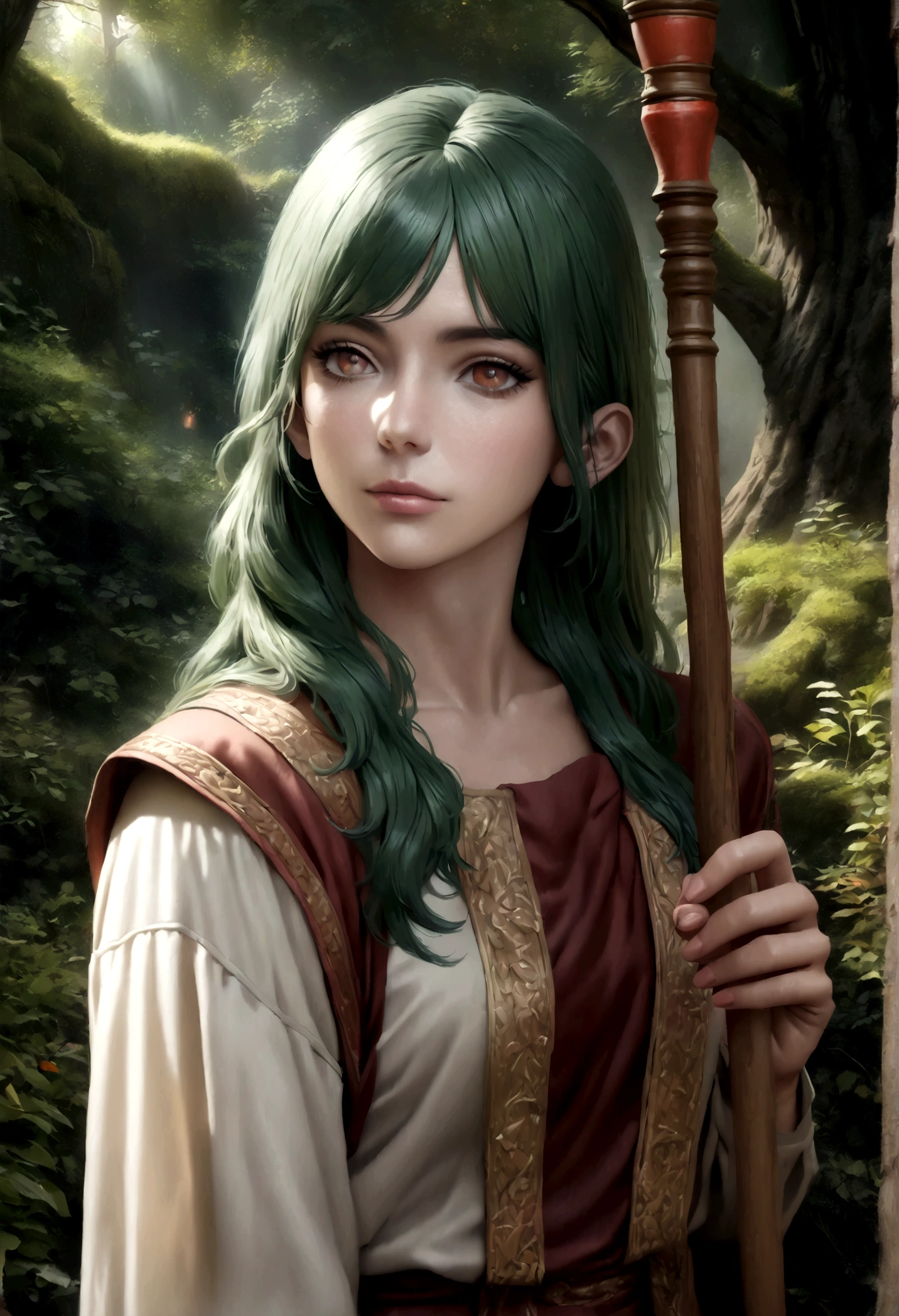 A beautiful elf woman with long green hair and amber eyes, dressed in clothing made of plants and moss, holding a simple wooden staff, in a lush forest setting, exuding an aura of powerful magic, (best quality,4k,8k,highres,masterpiece:1.2),ultra-detailed,(realistic,photorealistic,photo-realistic:1.37),intricate details,fantasy,environmental portrait,moody lighting,warm color palette,cinematic composition