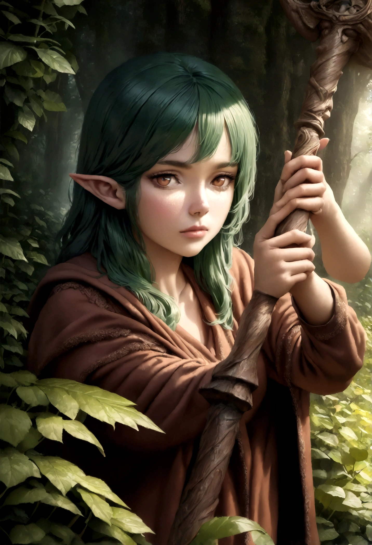 A beautiful elf woman with long green hair and amber eyes, dressed in clothing made of plants and moss, holding a simple wooden staff, in a lush forest setting, exuding an aura of powerful magic, (best quality,4k,8k,highres,masterpiece:1.2),ultra-detailed,(realistic,photorealistic,photo-realistic:1.37),intricate details,fantasy,environmental portrait,moody lighting,warm color palette,cinematic composition