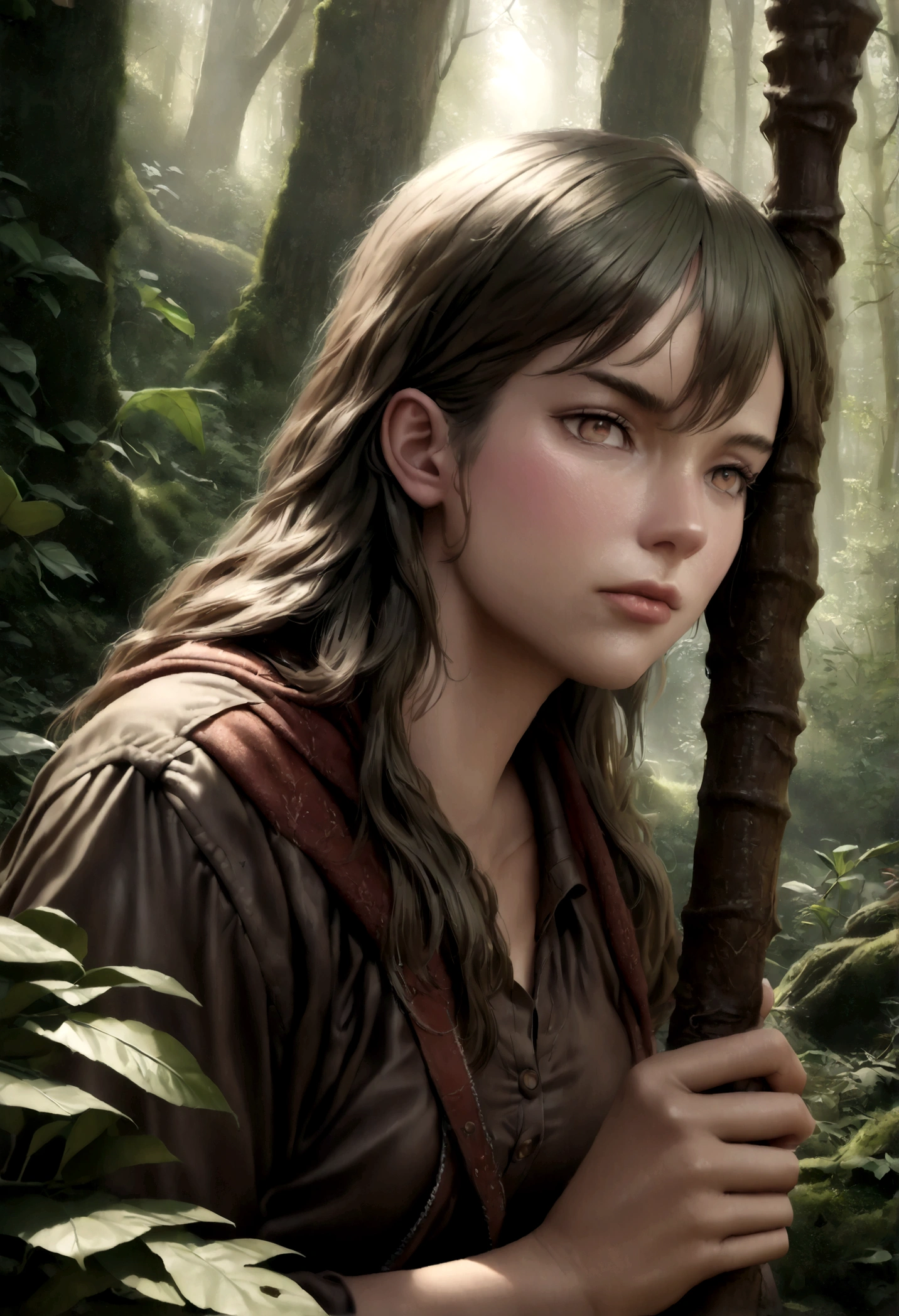 A beautiful elf woman with long green hair and amber eyes, dressed in clothing made of plants and moss, holding a simple wooden staff, in a lush forest setting, exuding an aura of powerful magic, (best quality,4k,8k,highres,masterpiece:1.2),ultra-detailed,(realistic,photorealistic,photo-realistic:1.37),intricate details,fantasy,environmental portrait,moody lighting,warm color palette,cinematic composition