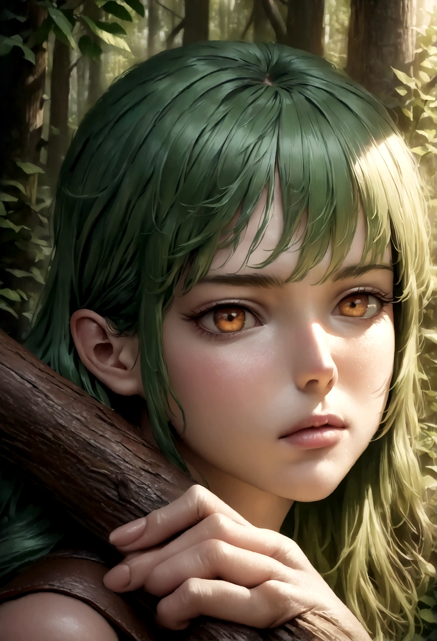A beautiful elf woman with long green hair and amber eyes, dressed in ...
