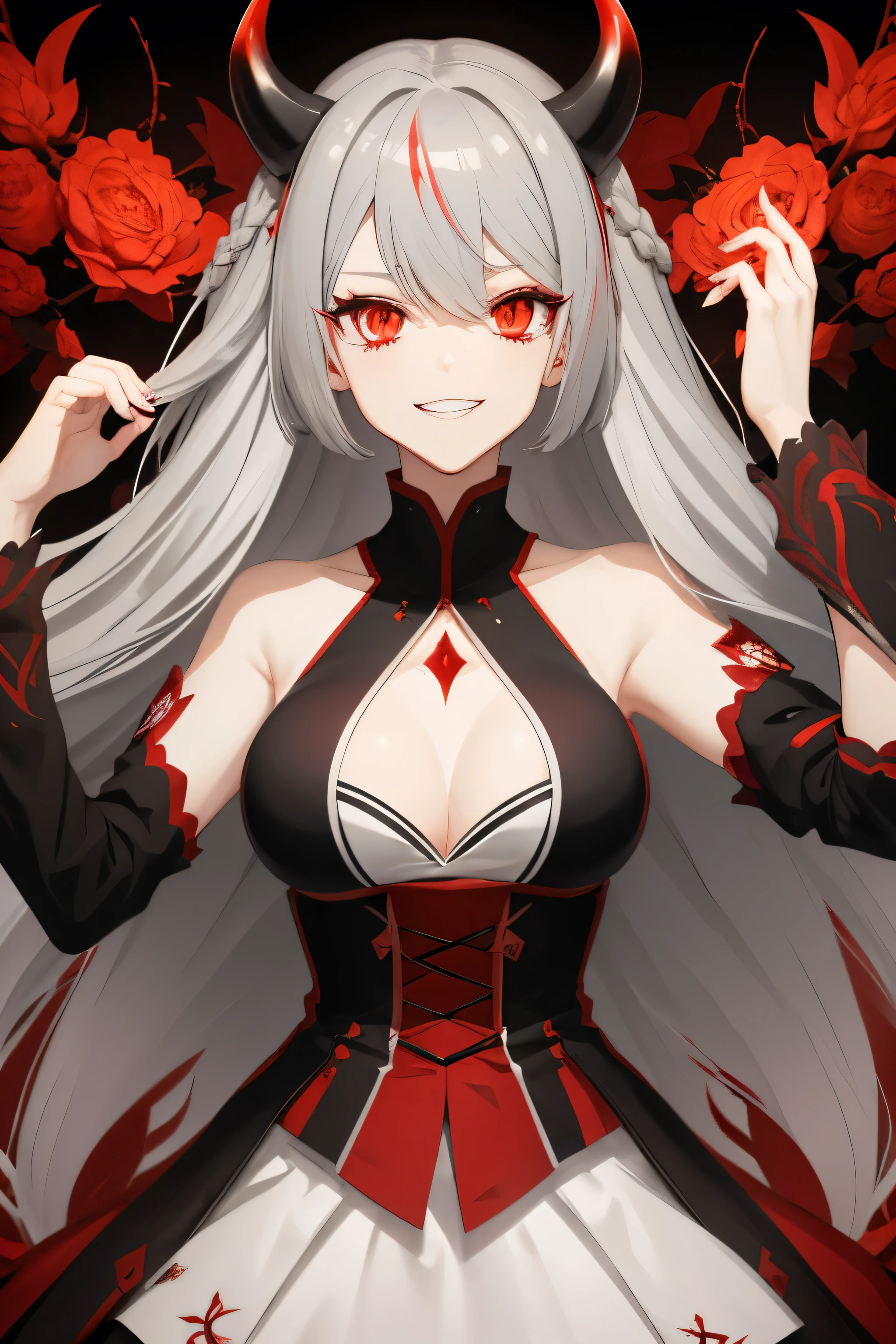 playful anime girl with white red and dark grey hair and dark grey and red strands in her hair striking a playful pose with an evil grin on her face, blood blossoms as accessories in her hair, evil grin on her face, shiny dark red eyes, dark grey tendrils with bloodred blossoms in the background, evil look, best anime characterdesin, high resolution, 8K fantasy artwork