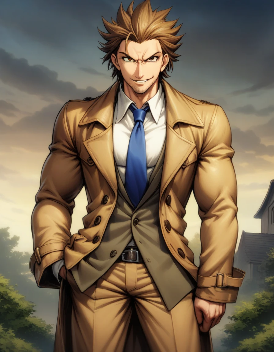 1man, goofy mature detective, muscular, boned nose, wavy slicked back spiked hair, yellow_brown hair, BREAK shihaku, brown eyes, dandy, virile, stubble, square shaped, large eyes, ugly, rough skin, solo, upperlegs, white collared_shirt, blue necktie, trench_coat, dark worn-out suit, cute smile, standing, BREAK in eroge style, visual novel, 2000s, extreme all detailed, masterpiece, best quality, amazing quality, best aesthetic, absurdres