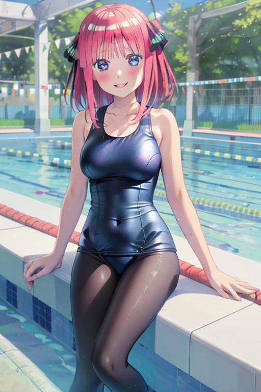 masterpiece, best quality, insanely detailed, beautiful, nino nakano, one-piece swimsuit, breasts, pantyhose, blush, smile, (outdoor swimming pool:1.3), legs spread