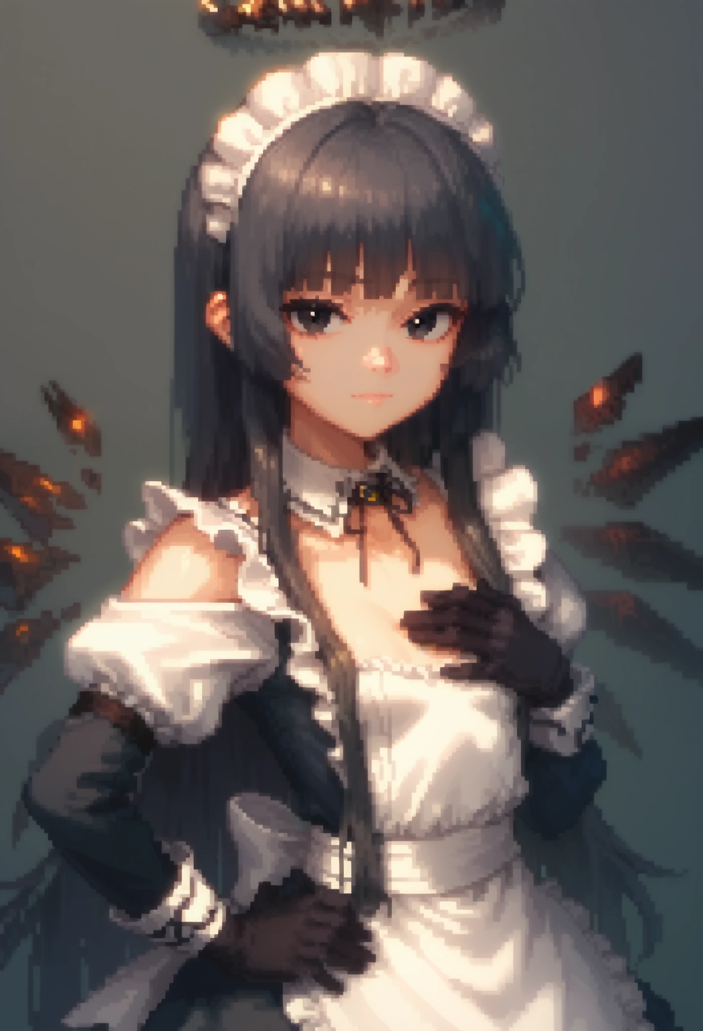 (score_9, score_8_up, score_7_up), cute anime pixel art, 1girl, VirtuosaBase, black eyes, long hair, hime cut, maid outfit, long sleeves, black gloves, hand on hip, maid headdress, energy wings, looking at viewer, upper body, above view, hands on chest, small breasts, neutral, calm, closed mouth, portrait, 