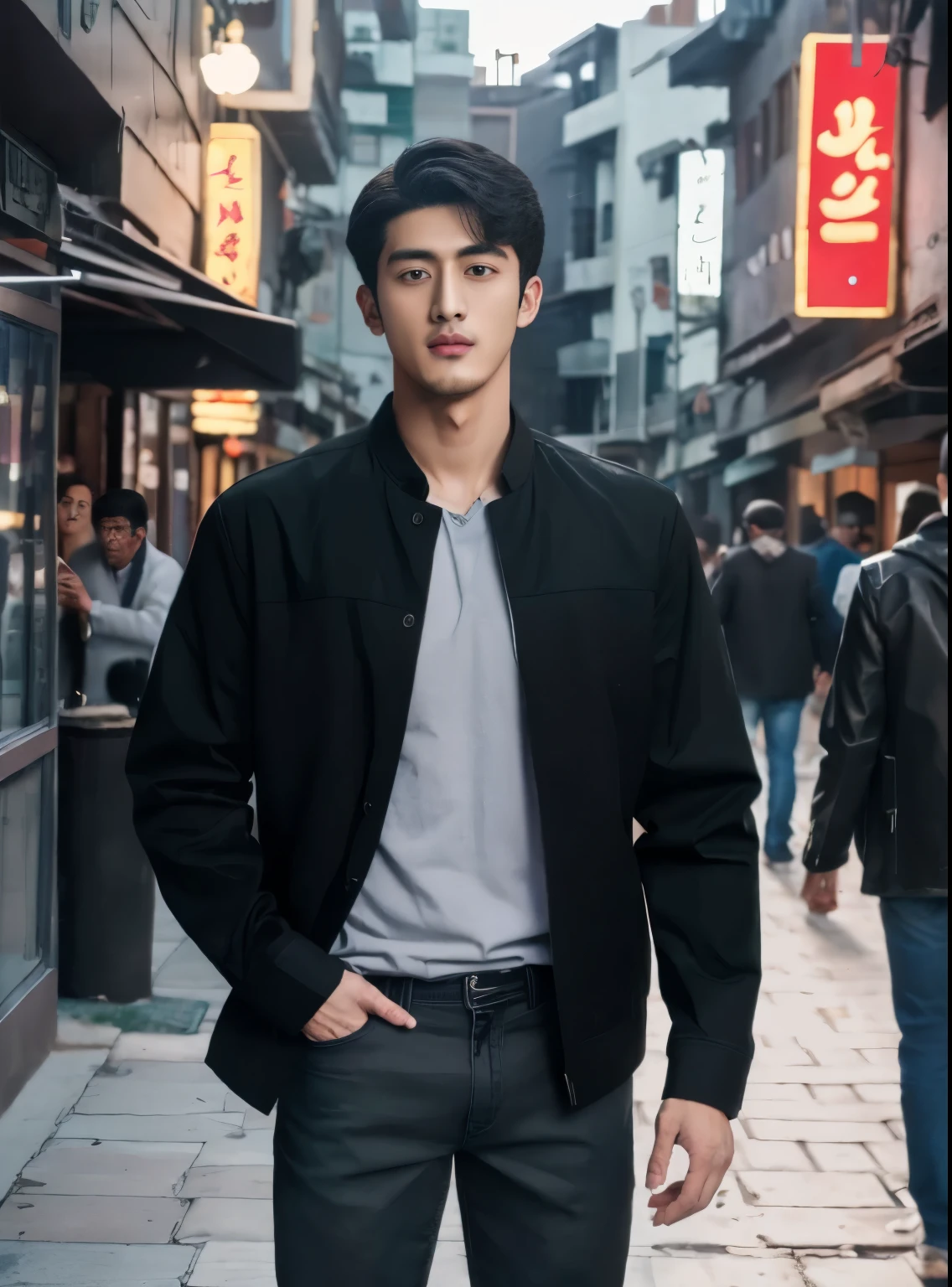 Arabian man in a black jacket and jeans standing on the sidewalk, inspired by Zhang Han, Korean Man, Shin Jinyoung, Kim Do-young, Cai Xukun, Paint Ulzzang, Jung Jae Hyun, ryan jia, a handsome guy，Black Short Hair, Handsome Chad Chin, by Zhang Han, Yanjun Chent, Inspired by Zhou Chen