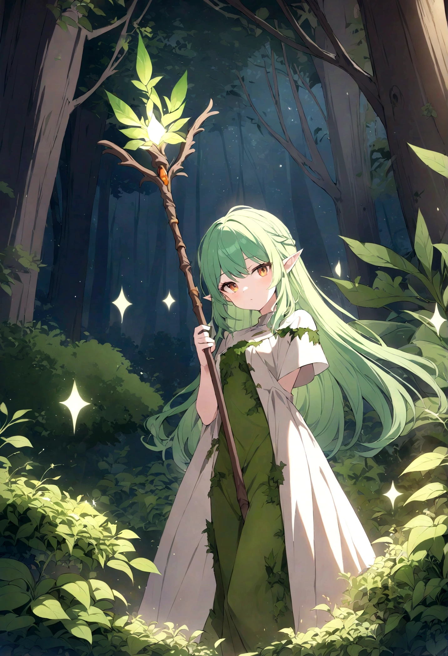 an elf woman, green hair, amber eyes, dressed in plant and moss clothing, a simple staff, forest setting, exuding great magic