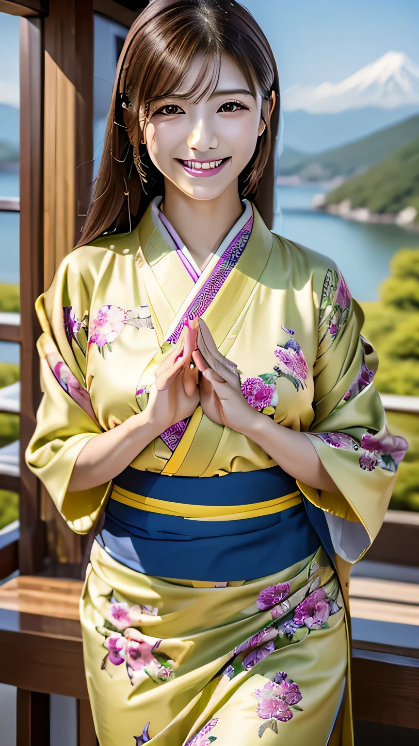 ((highest quality、Tabletop、8k、Best image quality、SFW))、(Bright and vivid:1.3)、(1 photo:1.3)、The best smile you ever had when you saw me、Perfect Anatomy、Perfect Fingers、Perfect hands、celebratory flowers、Japanese woman in her 20s