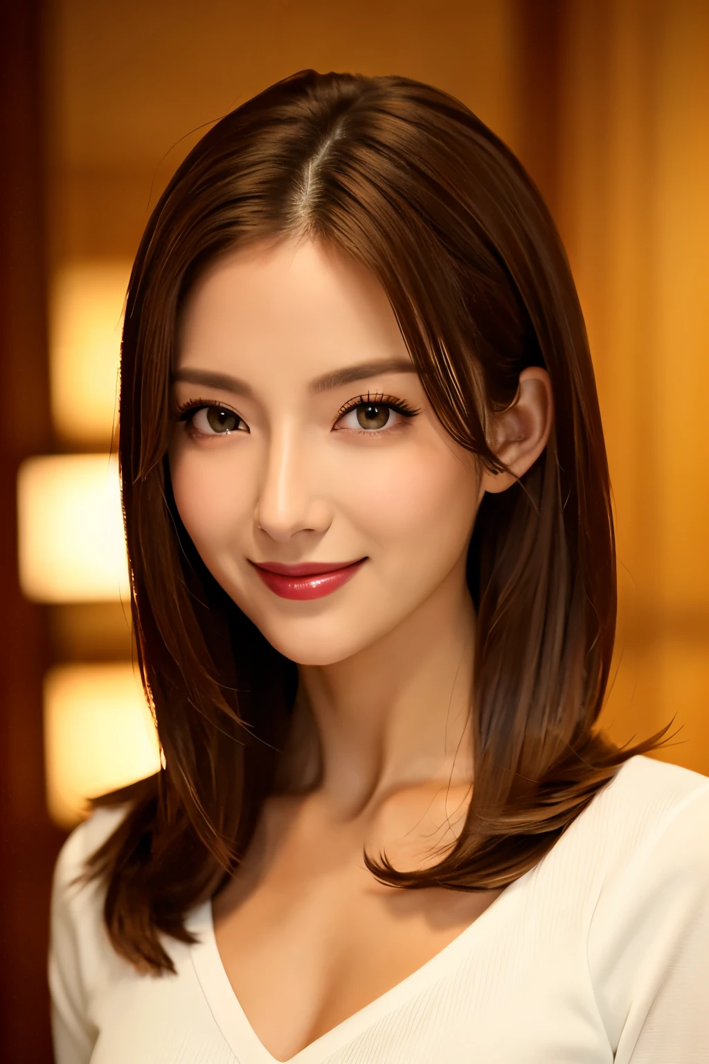 highest quality. Tabletop, 8k, Best image quality, One Woman, Perfect V-neck long knit red sweater, Waist up upper body shot, (Look forward), Red eyeshadow, Perfect Makeup, Long eyelashes, Ultra HD Shining Eyes, Ultra HD Hair, Ultra High Resolution Glossy Lips, Ultra HD cute face, Brown Hair, Very short straight hair, Look at me and smile, clavicle, Accurate anatomy, Face close-up, Luxury Love Hotel, The most atmospheric and warm lighting, Blurred Background, (View your viewers)