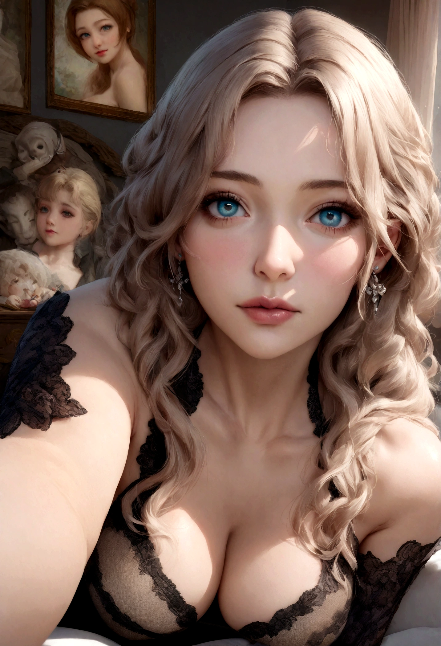 arafed femme pleinement , fille sexy aux yeux marrons, ultra realistic, Meticulously detailed, Portrait de Sophie Mudd, cheveux bruns et grands yeux, selfie d'une jeune femme, Yeux de chambre, violette myers, sans maquillage, maquillage naturel, regarder directement la caméra, visage avec artgram, maquillage subtil, superbe photo de tout le corps à genoux sur le lit, dans la chambre, Medium to large bust