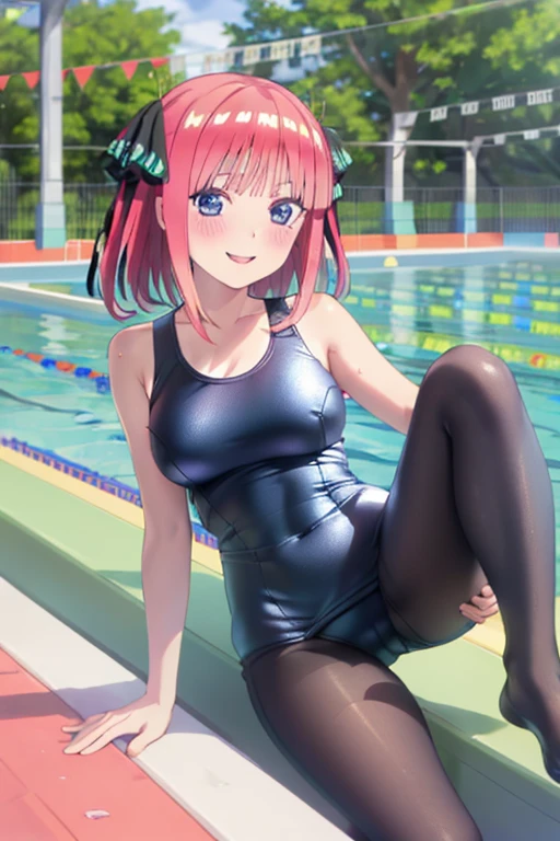 masterpiece, best quality, insanely detailed, beautiful, nino nakano, one-piece swimsuit, breasts, pantyhose, blush, smile, (outdoor swimming pool:1.3), legs spread