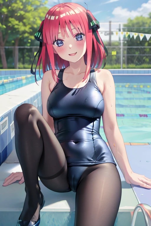 masterpiece, best quality, insanely detailed, beautiful, nino nakano, one-piece swimsuit, breasts, pantyhose, blush, smile, (outdoor swimming pool:1.3), legs spread
