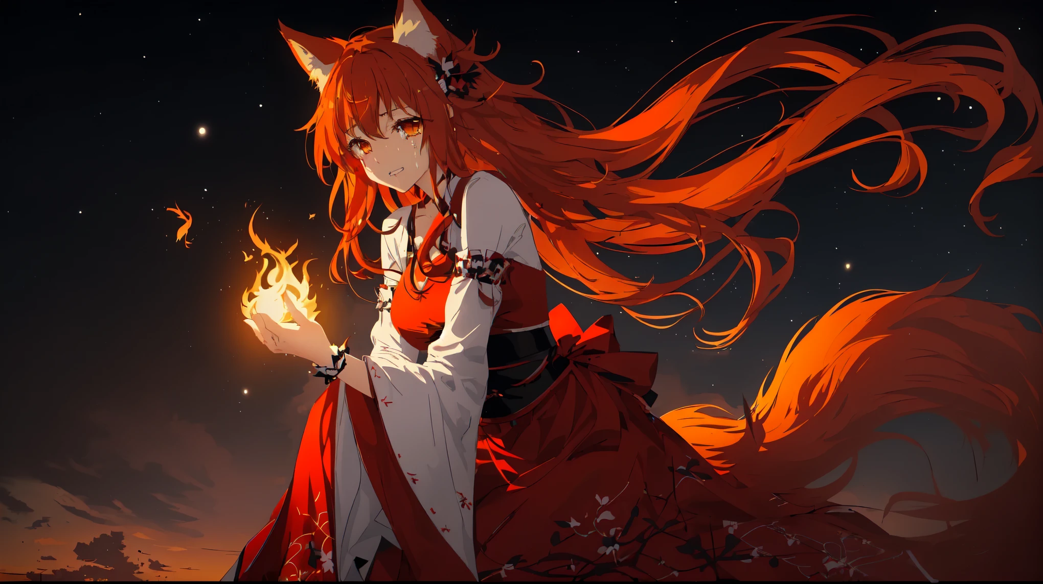 anime girl in red dress with long hair standing in front of fire, trending on artstation pixiv, Holo - wolf girl, Cool anime 8K, now, if the girl is a wolf, anime style 4k, beautiful fox lady, flames surround her, beautiful anime cat girl, fox and bush, fire!! whole body, from arknights, The girl is crying, girl in despair