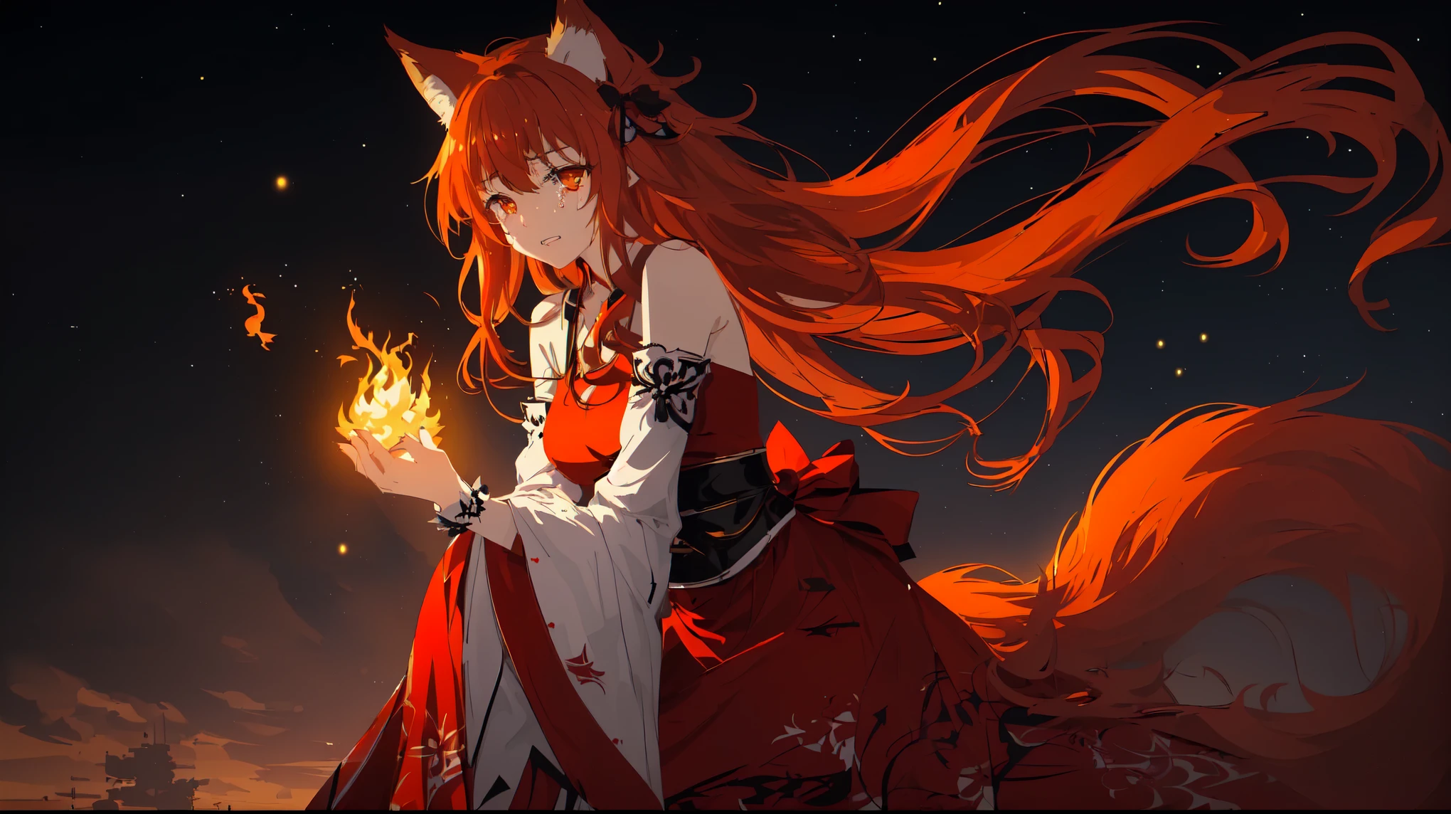 anime girl in red dress with long hair standing in front of fire, trending on artstation pixiv, Holo - wolf girl, Cool anime 8K, now, if the girl is a wolf, anime style 4k, beautiful fox lady, flames surround her, beautiful anime cat girl, fox and bush, fire!! whole body, from arknights, The girl is crying, girl in despair