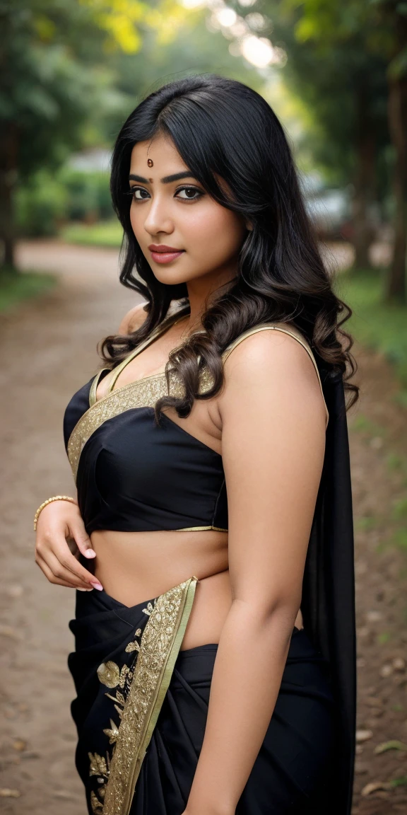 (((desi girl))), chubby face, natural skin, wearing stunning saree, charming black hair, ((hair ends are blonde)), greenary village background, bokeh