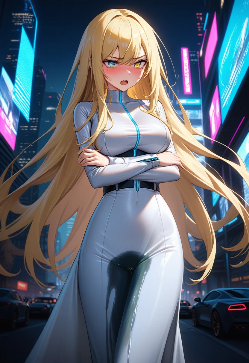 (high quality,Very detailed:1.37, High resolution), Woman, (very long hair:1.5), blonde hair, (multicolored eyes:1.5), blue eyes, yellow eyes, large breasts, (wetting herself:1.5), standing, (long tight dress:1.5), (arms crossed:1.5), (embarrassed:1.5), (humiliation:1.5), (angry:1.25), (blushing:1.5), open mouth, Cyberpunk Style, Cyberpunk Cityscape, Neon Light, High-tech accessories, Meticulous details, (extremely detailed eys:1.37), Glowing LED pattern, Urban scenery, Futuristic elements, Mysterious Aura, ,Flying cars racing through the air, Holographic Advertising, Visually stunning architecture, Energetic and dynamic poses, Gives off a powerful aura, The cityscape reflected in her metallic eyes, Graceful movement amidst chaos, A moonlit sky with a futuristic hue, Pulsating Electronic Soundtrack, Enhanced Augmented Reality Overlays, Interacting with virtual objects in the environment