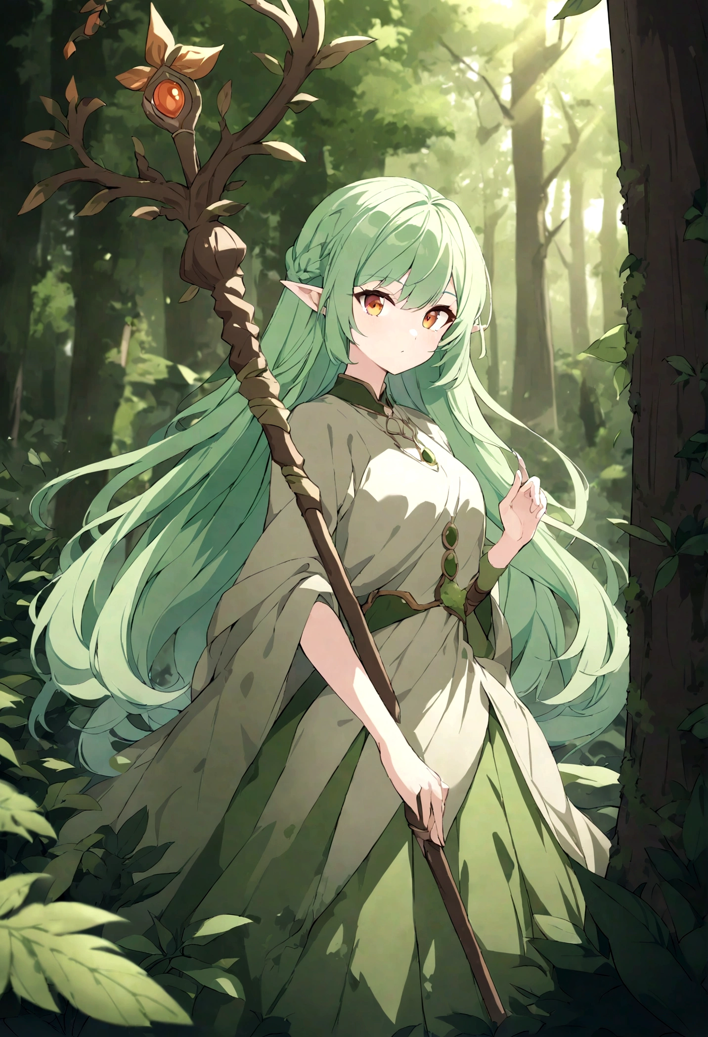 an elf woman, green hair, 26 years old, amber eyes, dressed in plant and moss clothing, a simple staff, forest setting, exuding great magic