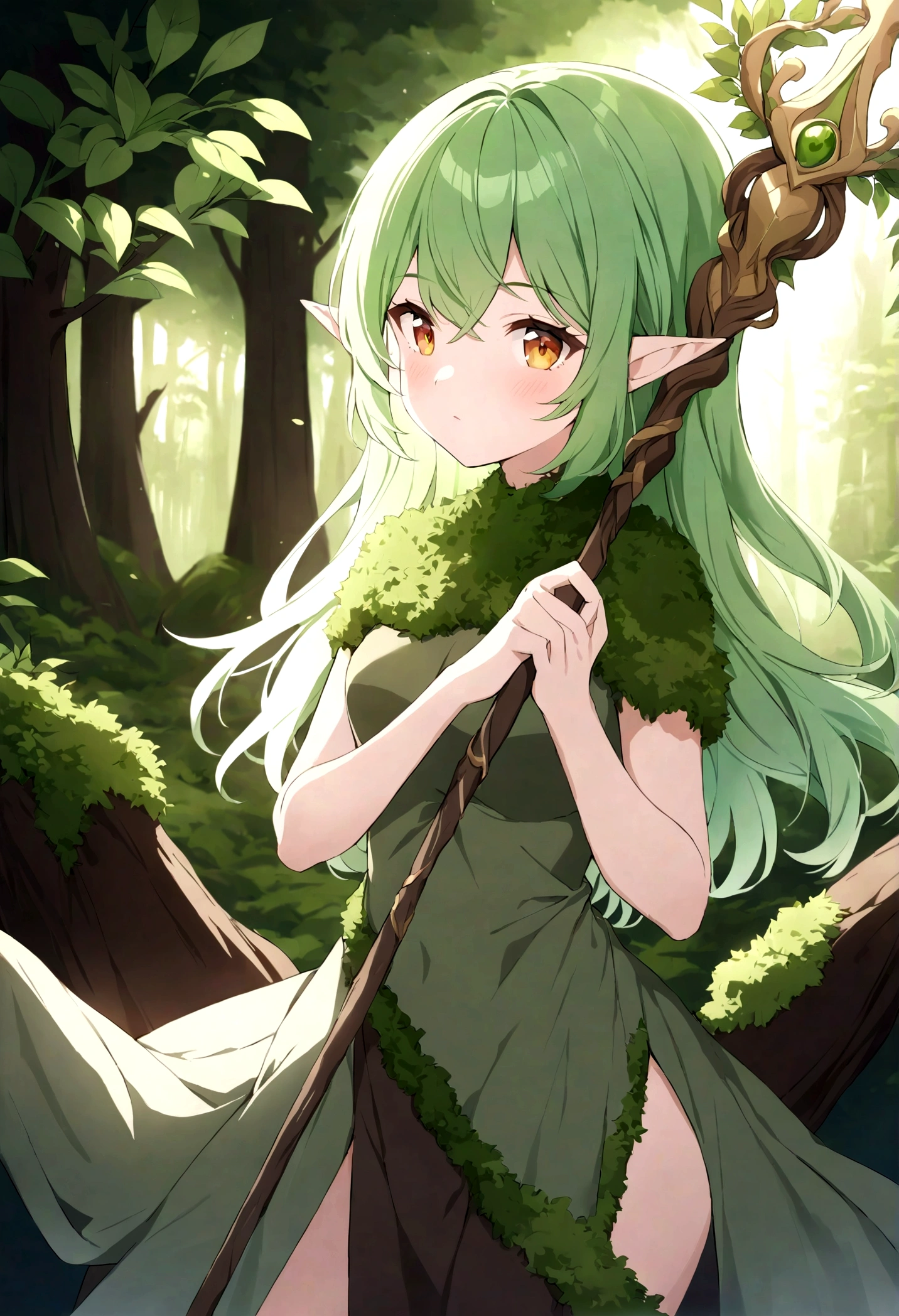 an elf woman, green hair, 26 years old, amber eyes, dressed in plant and moss clothing, a simple staff, forest setting, exuding great magic